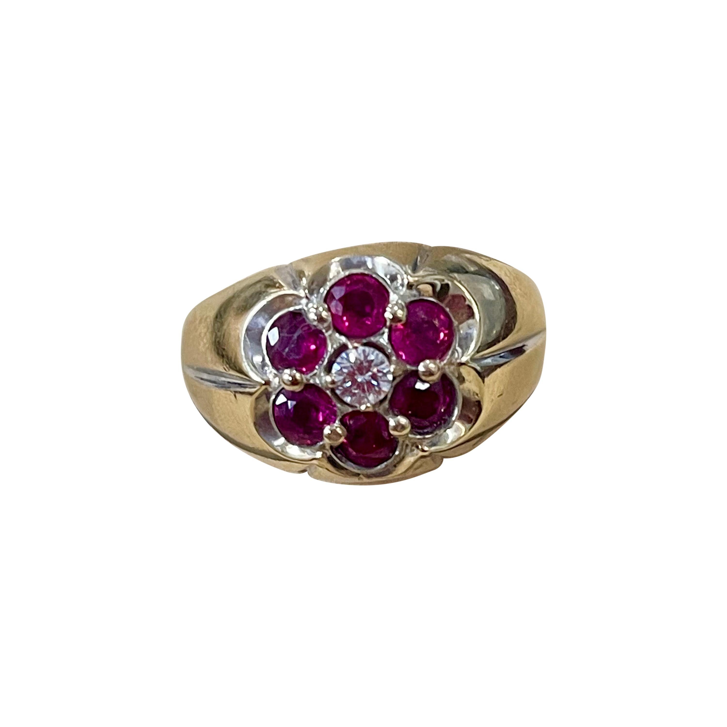 1.0 Carat, 7 Stone Ruby & Diamond Traditional Men's Ring 14 Karat Y Gold Ring