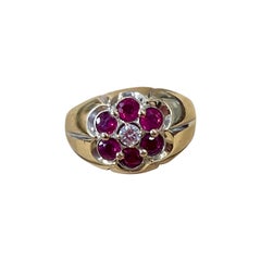 1.0 Carat, 7 Stone Ruby & Diamond Traditional Men's Ring 14 Karat Y Gold Ring