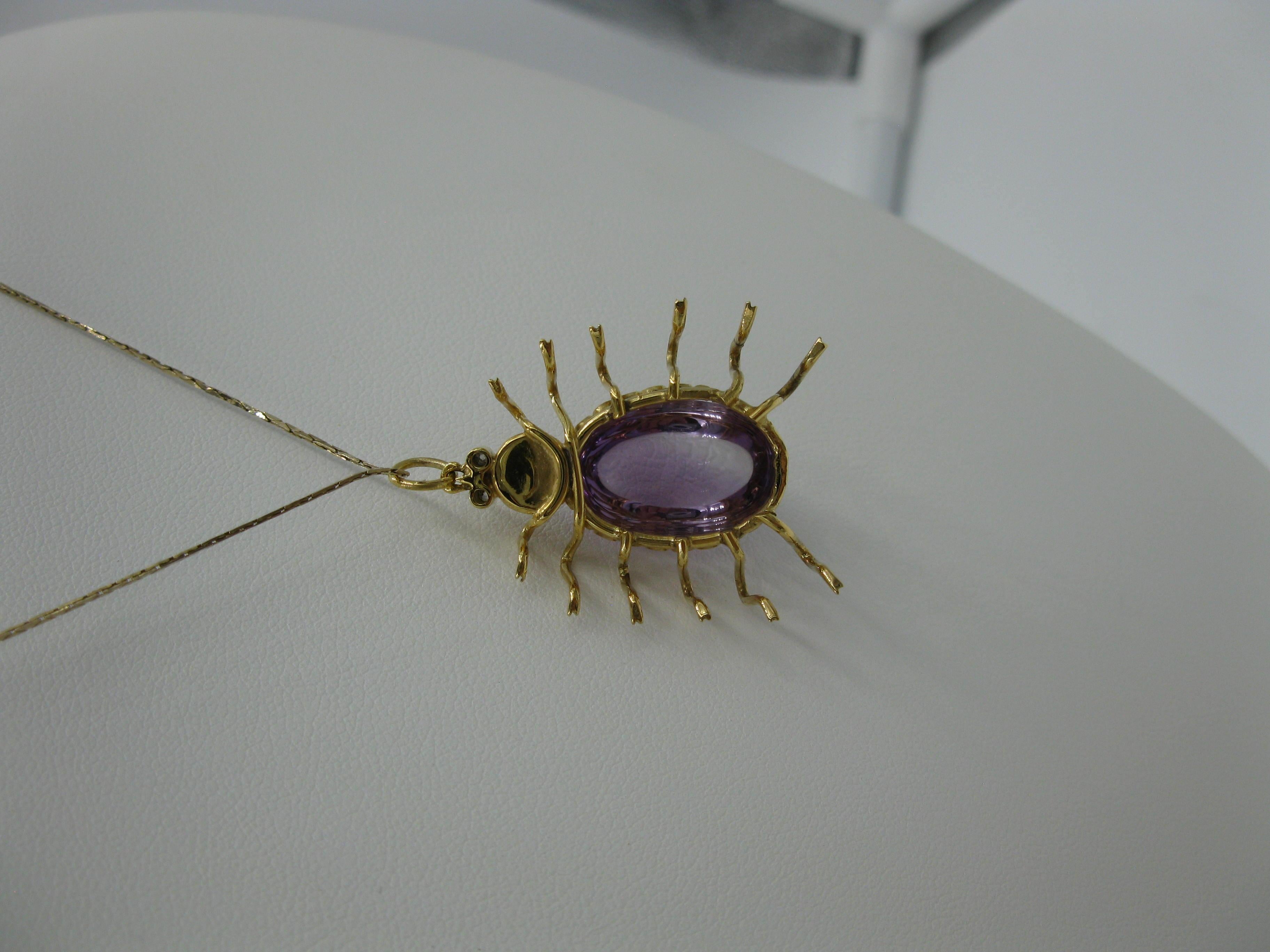 Antique 10 Carat Amethyst Diamond Spider Insect Pendant Necklace Vintage Gold For Sale 4