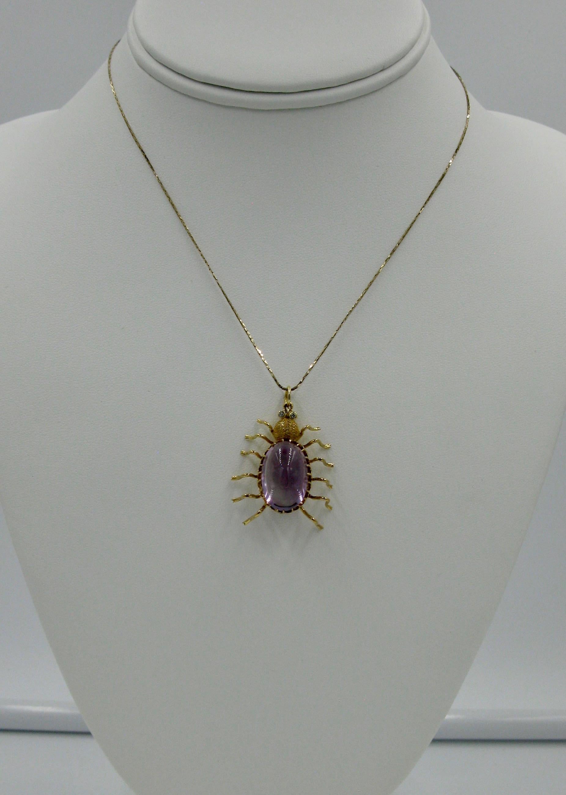 Art Deco Antique 10 Carat Amethyst Diamond Spider Insect Pendant Necklace Vintage Gold For Sale