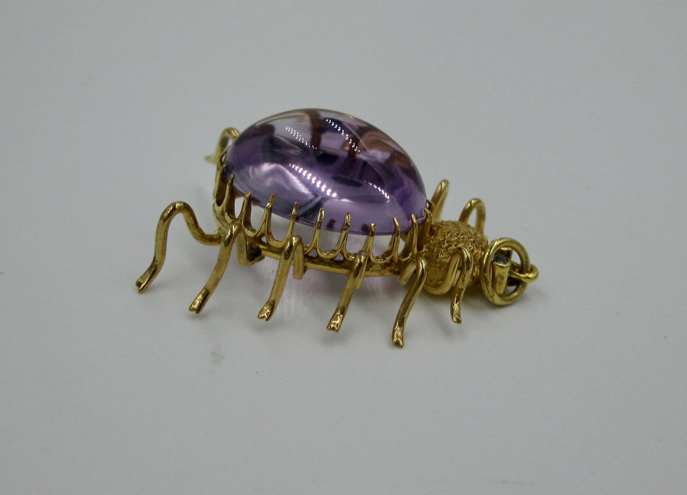 Antique 10 Carat Amethyst Diamond Spider Insect Pendant Necklace Vintage Gold In Excellent Condition For Sale In New York, NY