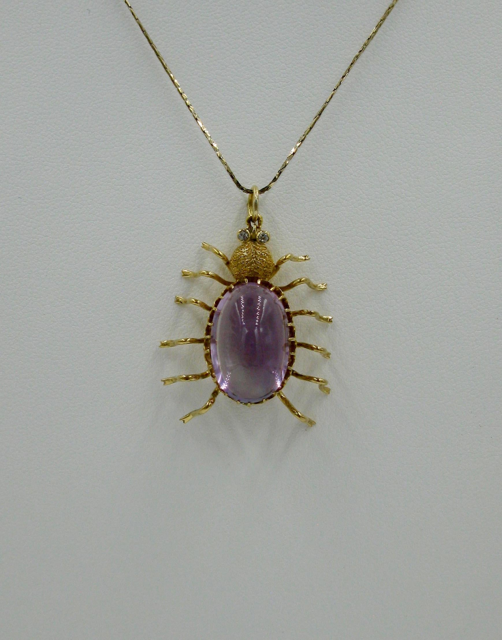Women's or Men's Antique 10 Carat Amethyst Diamond Spider Insect Pendant Necklace Vintage Gold For Sale