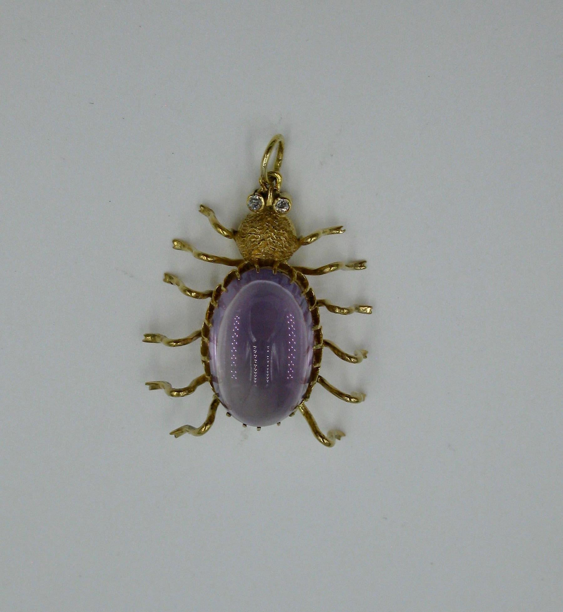 Antique 10 Carat Amethyst Diamond Spider Insect Pendant Necklace Vintage Gold For Sale 1
