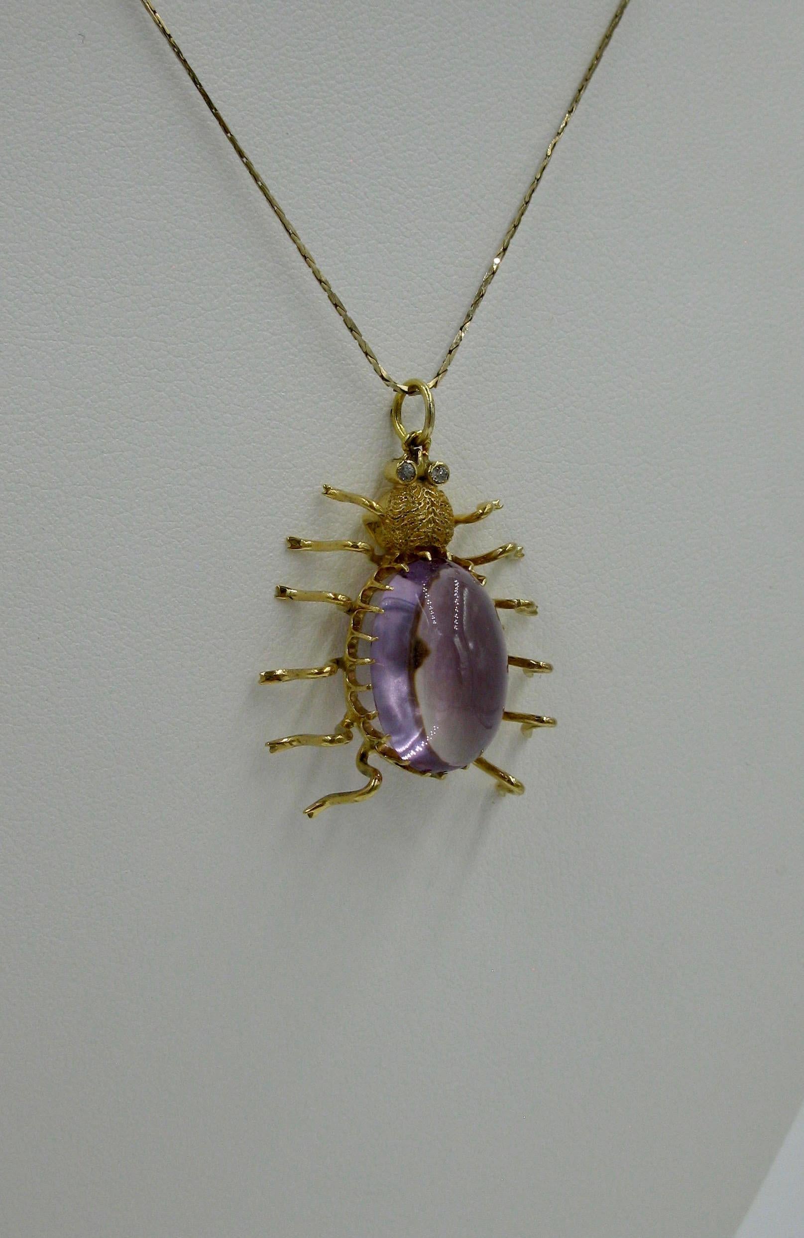 Antique 10 Carat Amethyst Diamond Spider Insect Pendant Necklace Vintage Gold For Sale 2