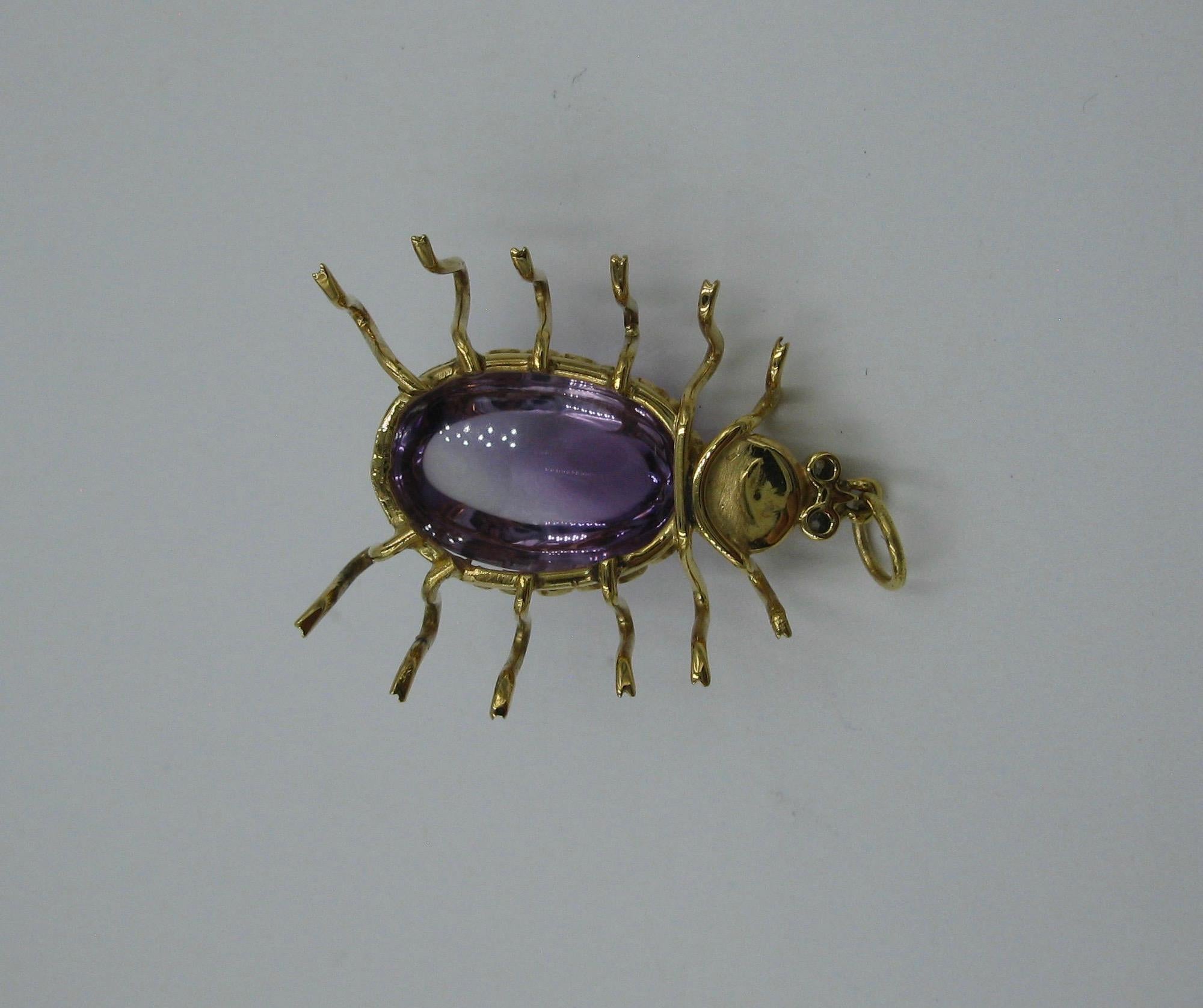 Antique 10 Carat Amethyst Diamond Spider Insect Pendant Necklace Vintage Gold For Sale 3