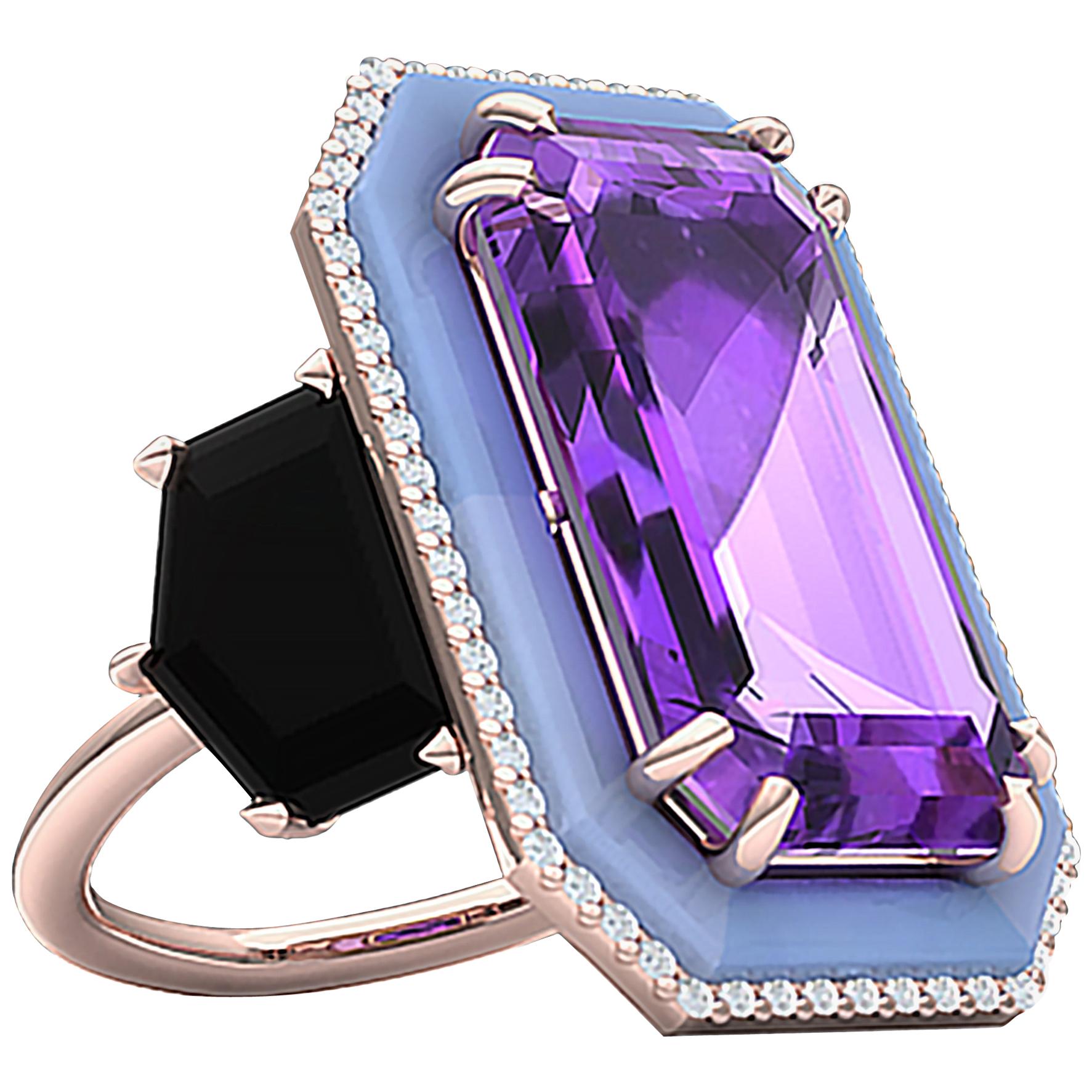 10 Carat Amethyst Onyx Diamond and Enamel Rose Gold Cocktail Ring For Sale