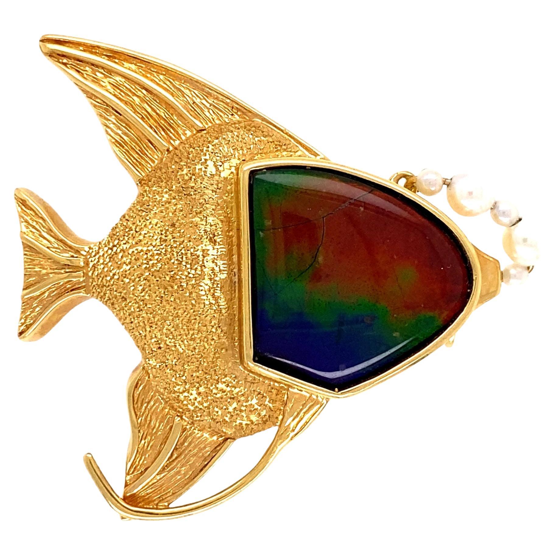 10 Carat Ammolite and Pearl Gold Fish Pendant For Sale