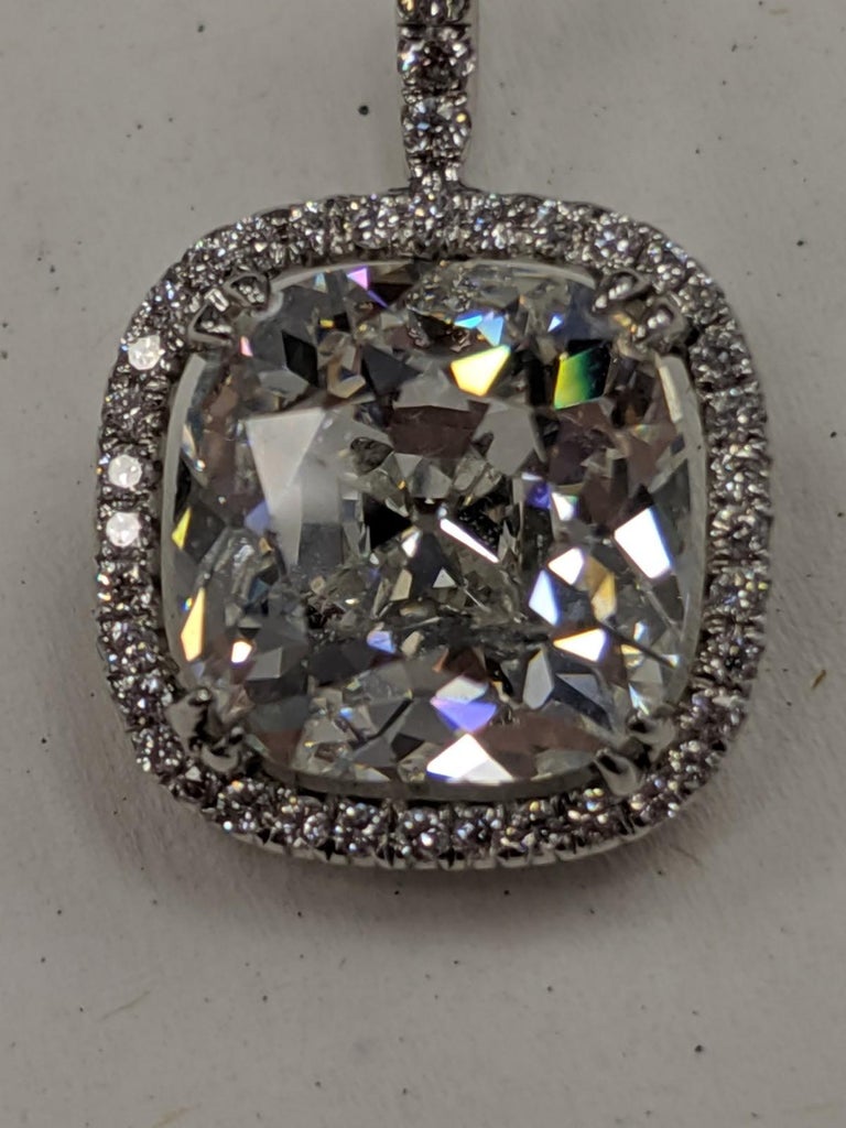 10 Carat Antique Cut Cushion Diamond Earrings in Platinum, GIA at