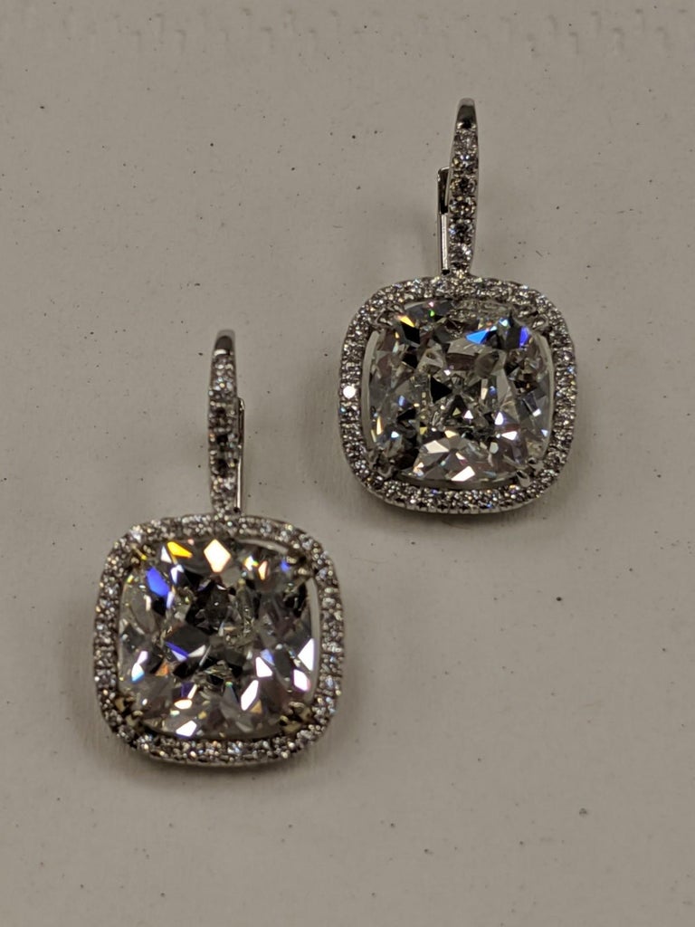 10 Carat Antique Cut Cushion Diamond Earrings in Platinum, GIA at