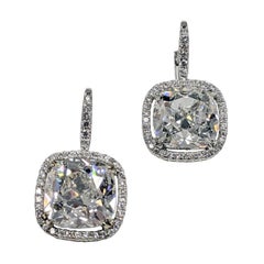 10 Carat Antique Cut Cushion Diamond Earrings in Platinum, GIA