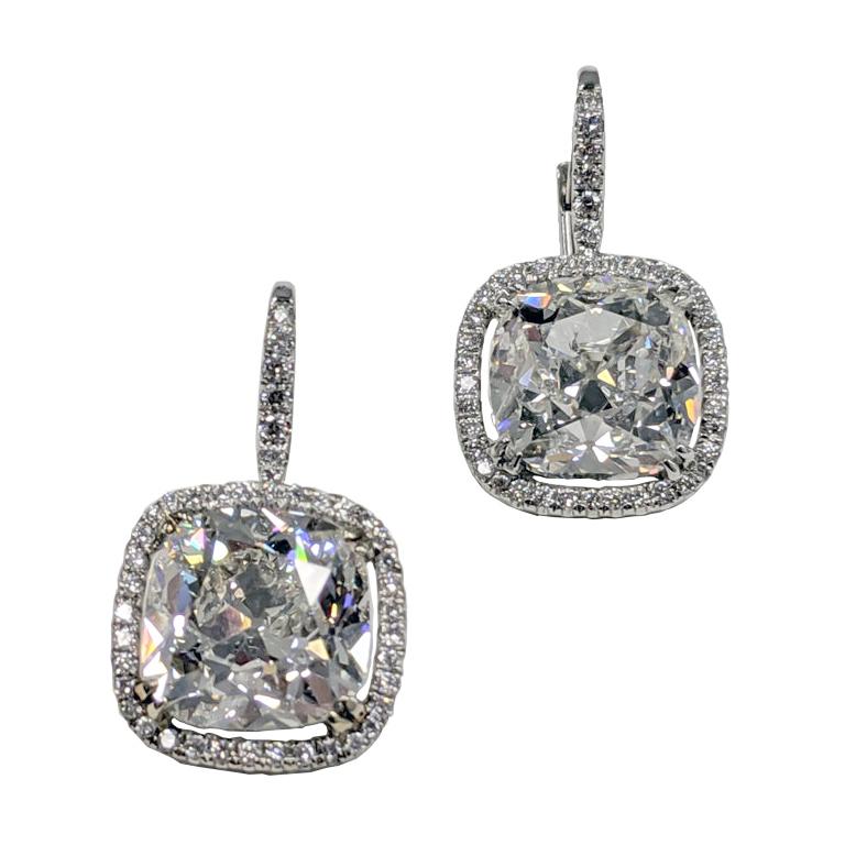 10 Carat Antique Cut Cushion Diamond Earrings in Platinum, GIA at