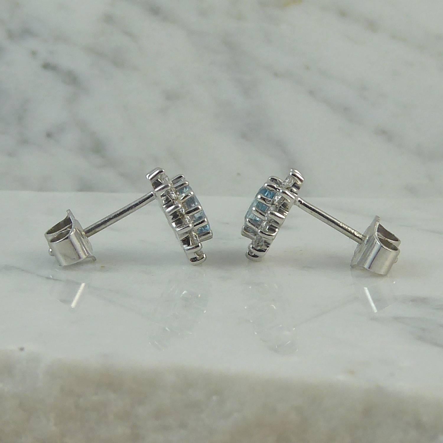 Oval Cut 1.0 Carat Aquamarine Diamond Stud Earrings, White Gold, Hallmarked London, 2010
