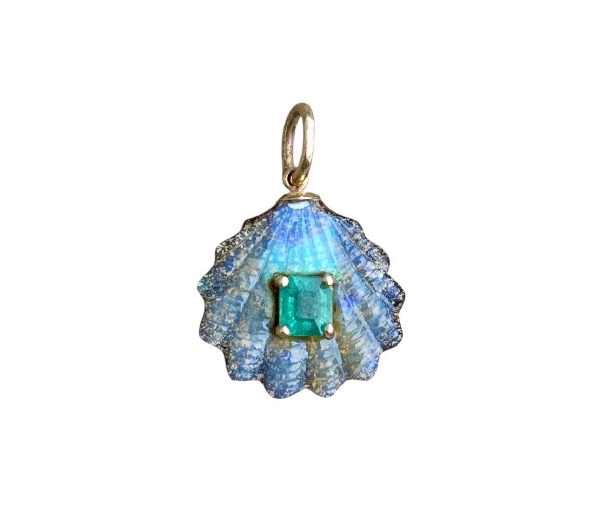 Women's or Men's 10 Carat Australian Opal Shell Pendant with Emerald & 14k Gold For Sale
