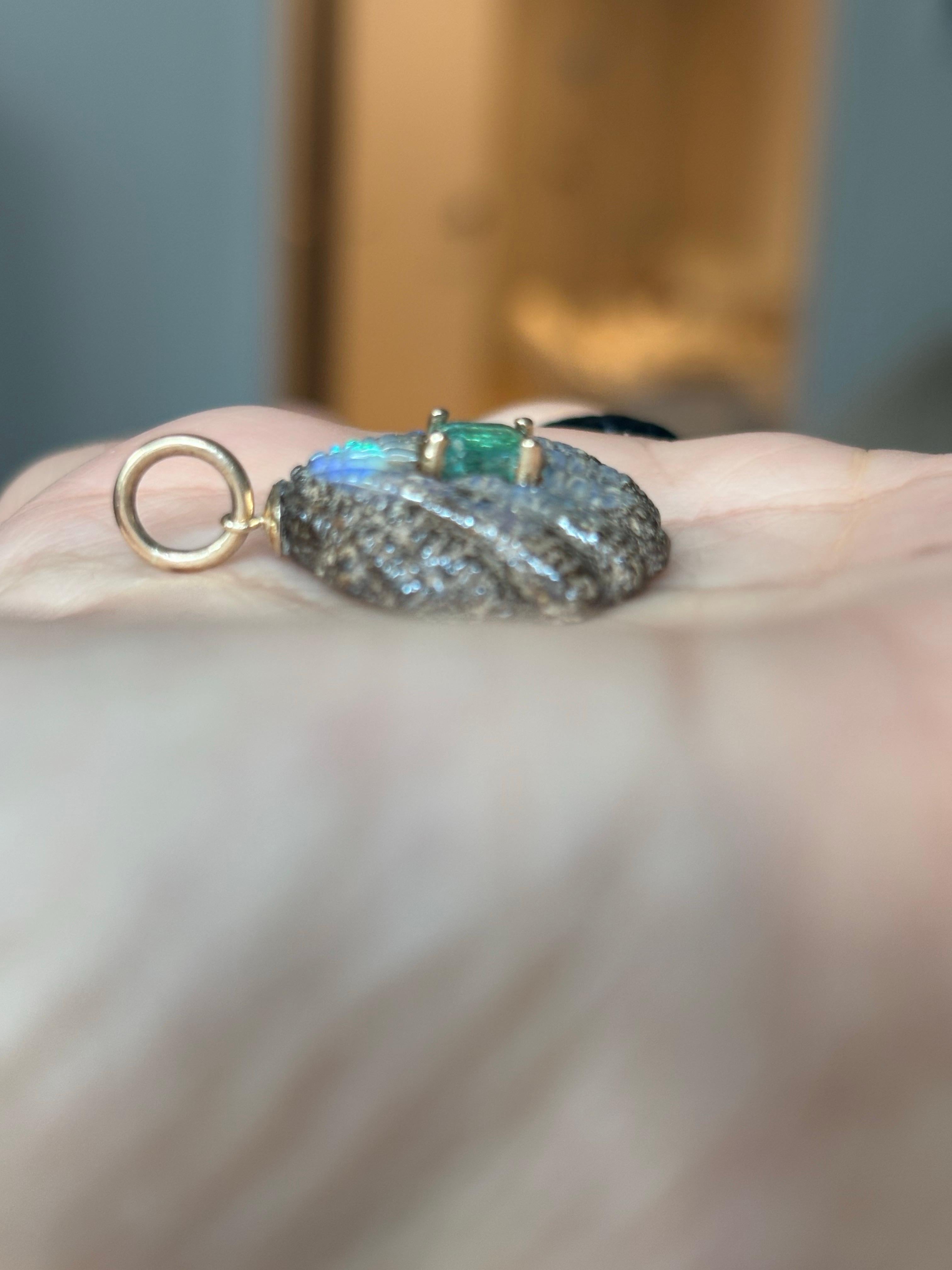 10 Carat Australian Opal Shell Pendant with Emerald & 14k Gold For Sale 3