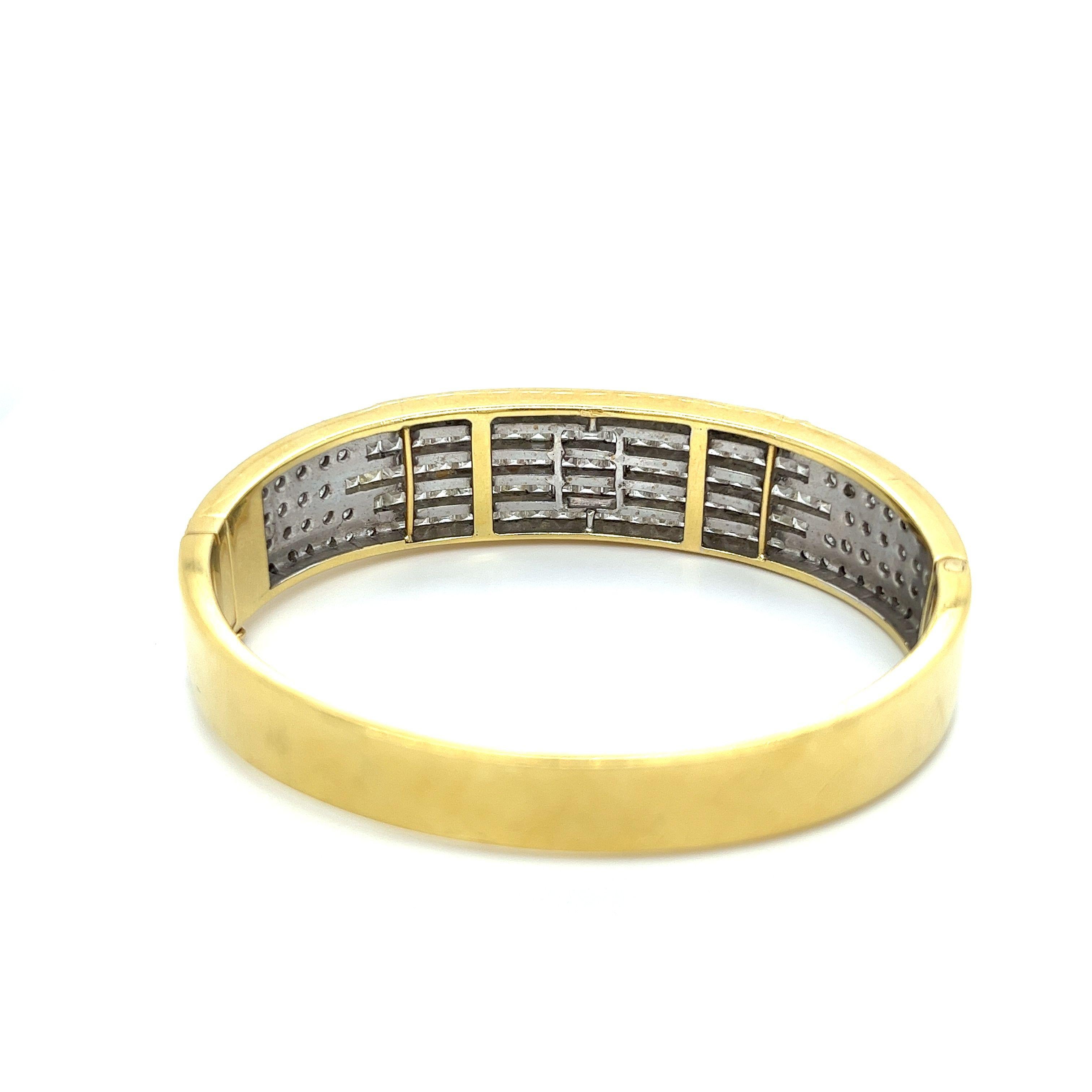 Art Deco 10 Carat Baguette Cut Multi-Row Diamond Encrusted Bangle Bracelet in 18k Gold For Sale