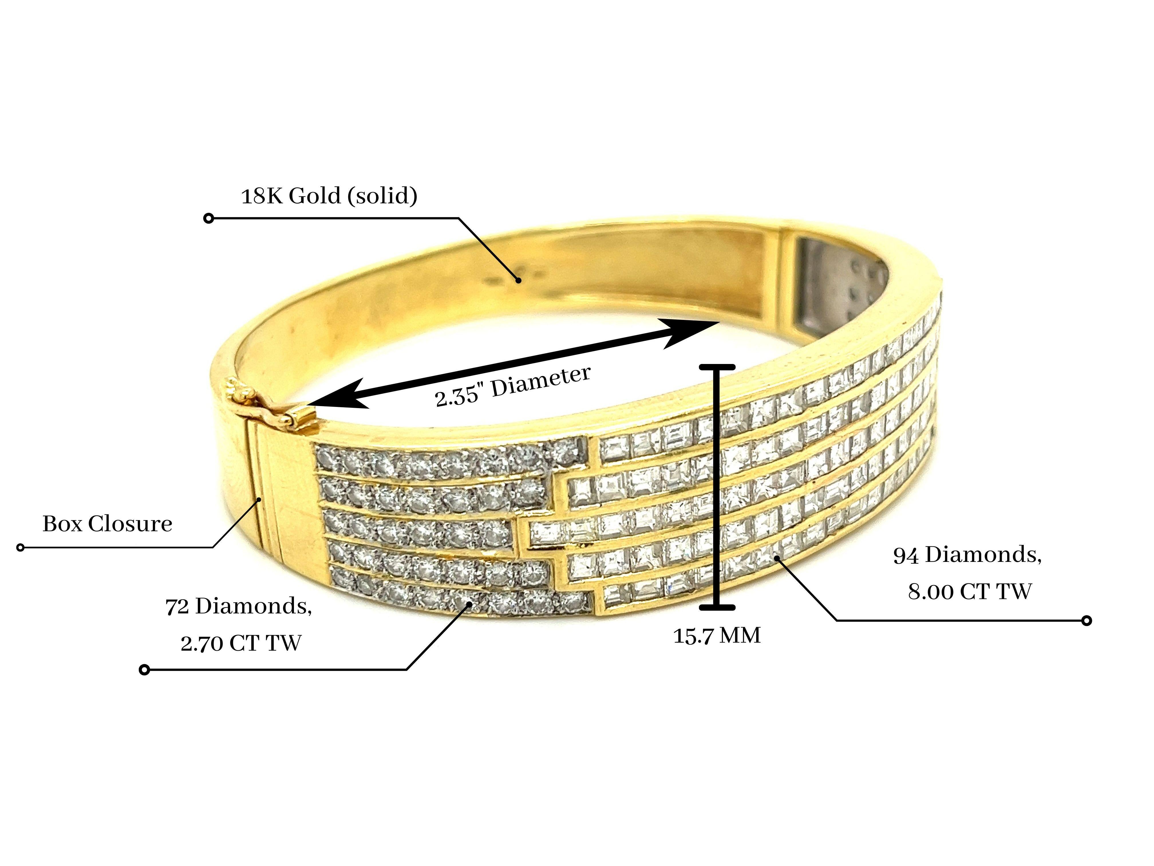 10 Carat Baguette Cut Multi-Row Diamond Encrusted Bangle Bracelet in 18k Gold In New Condition For Sale In Miami, FL