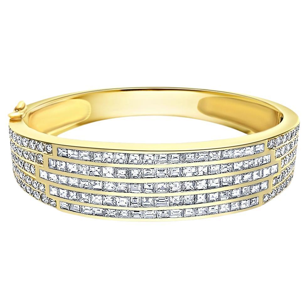 10 Carat Baguette Cut Multi-Row Diamond Encrusted Bangle Bracelet in 18k Gold For Sale
