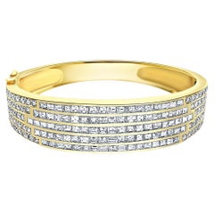 10 Carat Baguette Cut Multi-Row Diamond Encrusted Bangle Bracelet in 18k Gold