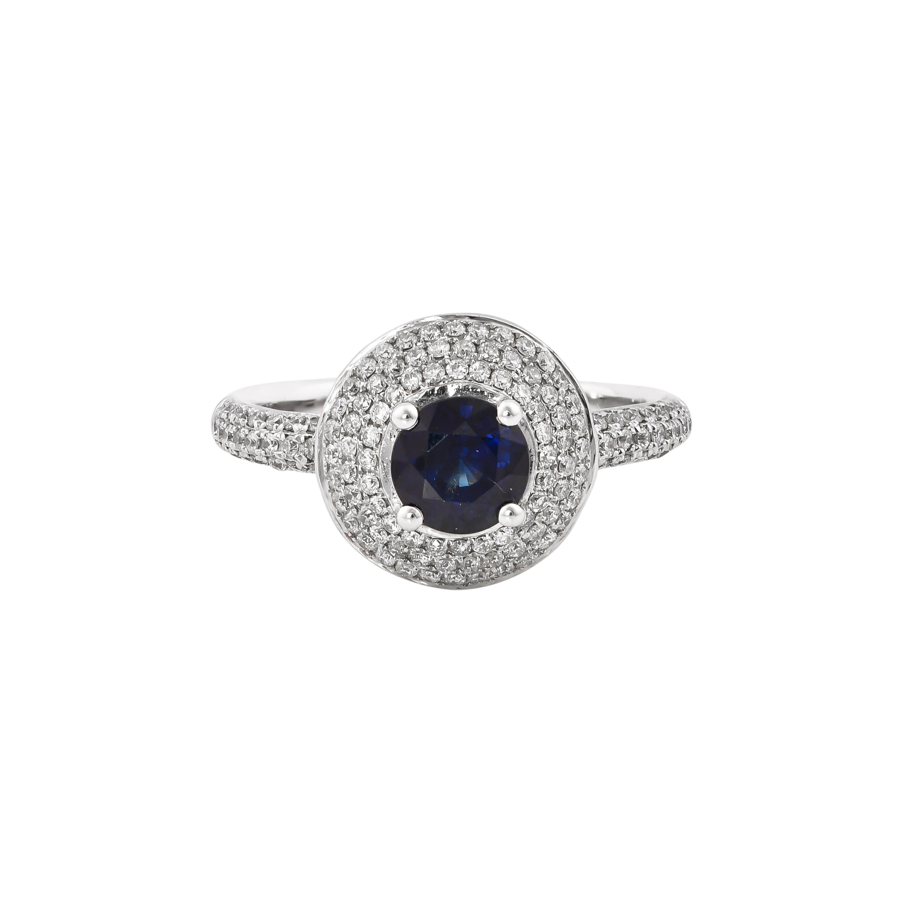 Round Cut 1.0 Carat Blue Sapphire and White Diamond Ring in 14 Karat White Gold For Sale