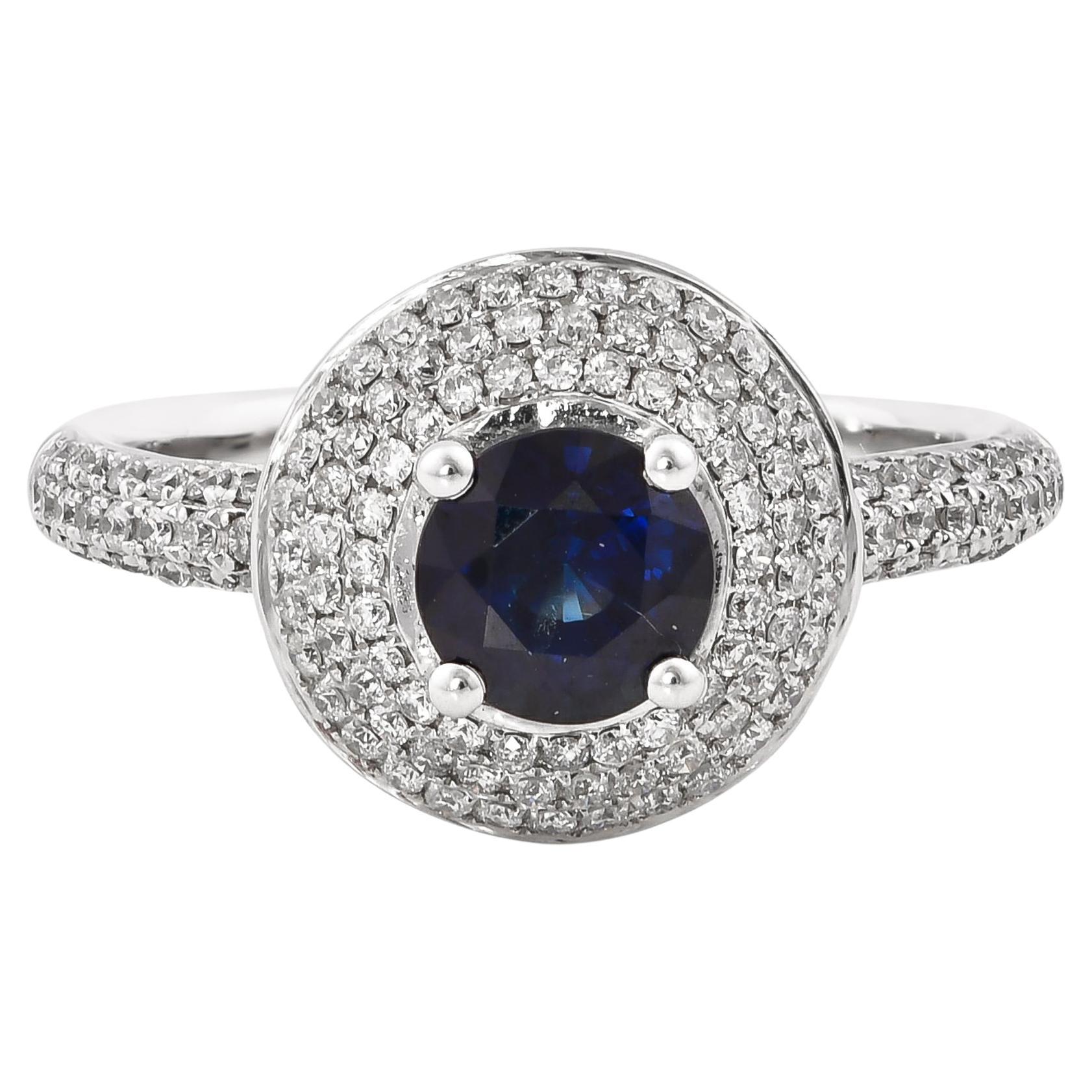 1.0 Carat Blue Sapphire and White Diamond Ring in 14 Karat White Gold For Sale