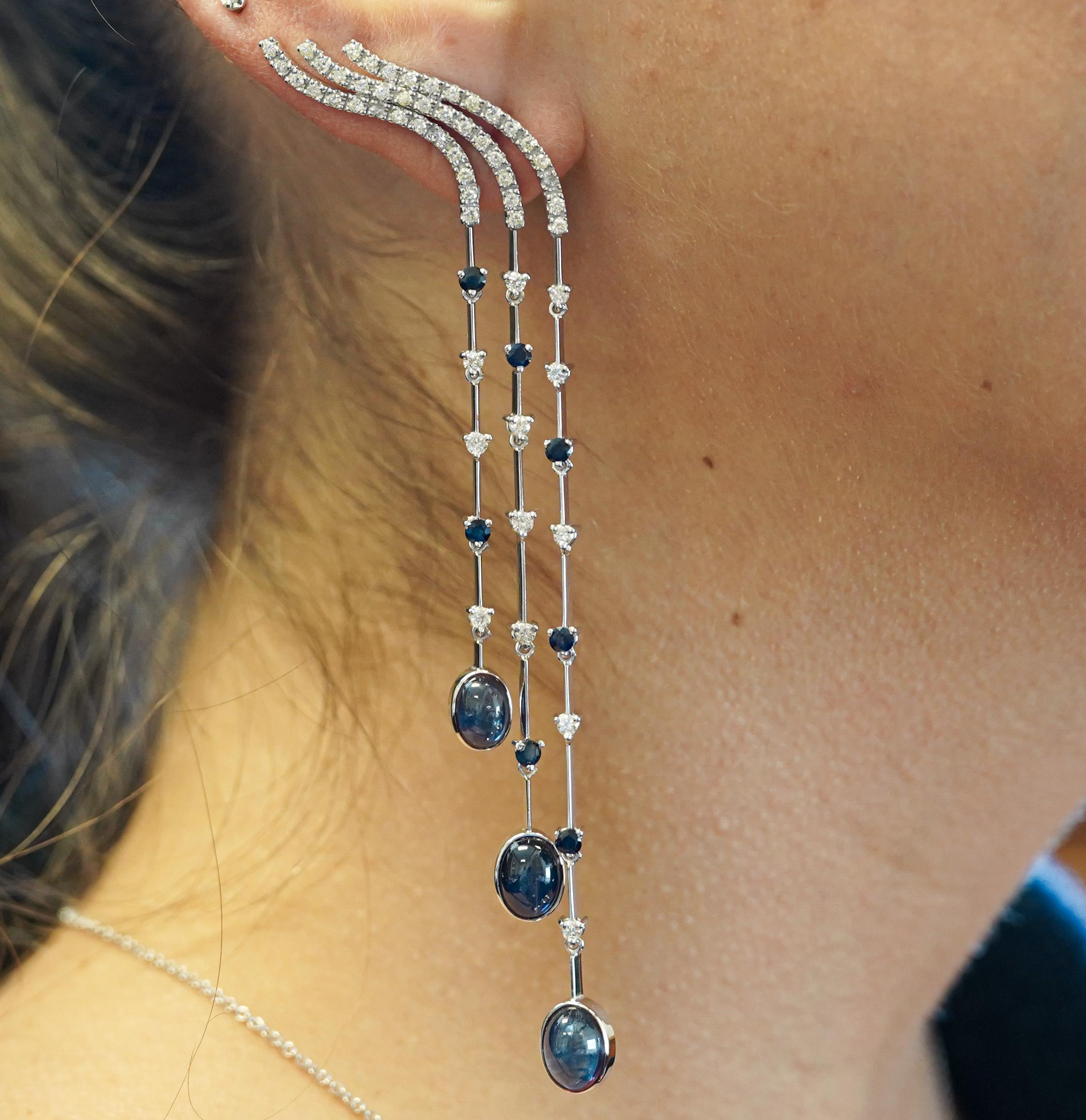 Modern 10 Carat Blue Sapphire & Diamond Dangle Drop Ear Climb Chandelier Earrings For Sale
