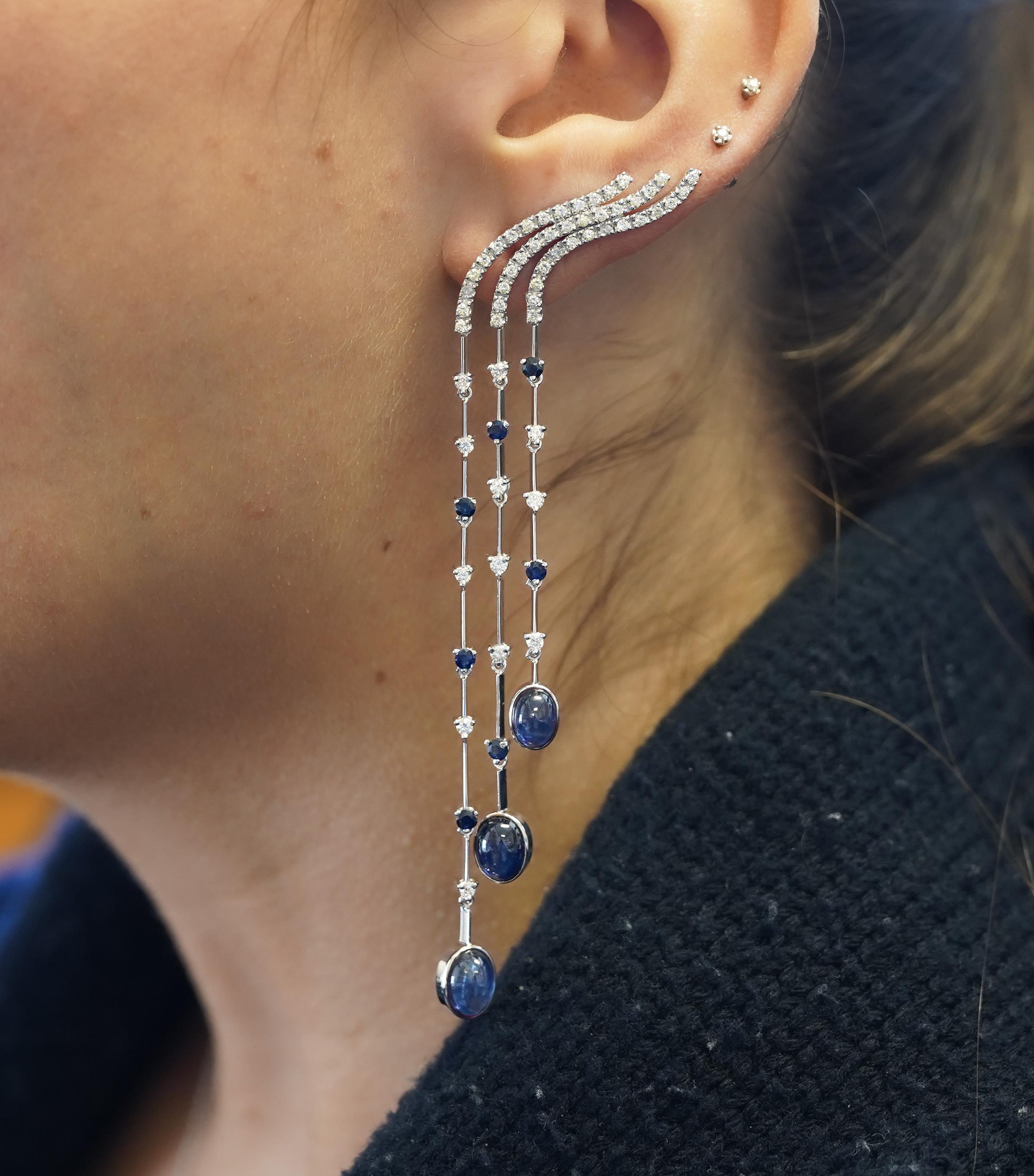 Cabochon 10 Carat Blue Sapphire & Diamond Dangle Drop Ear Climb Chandelier Earrings For Sale