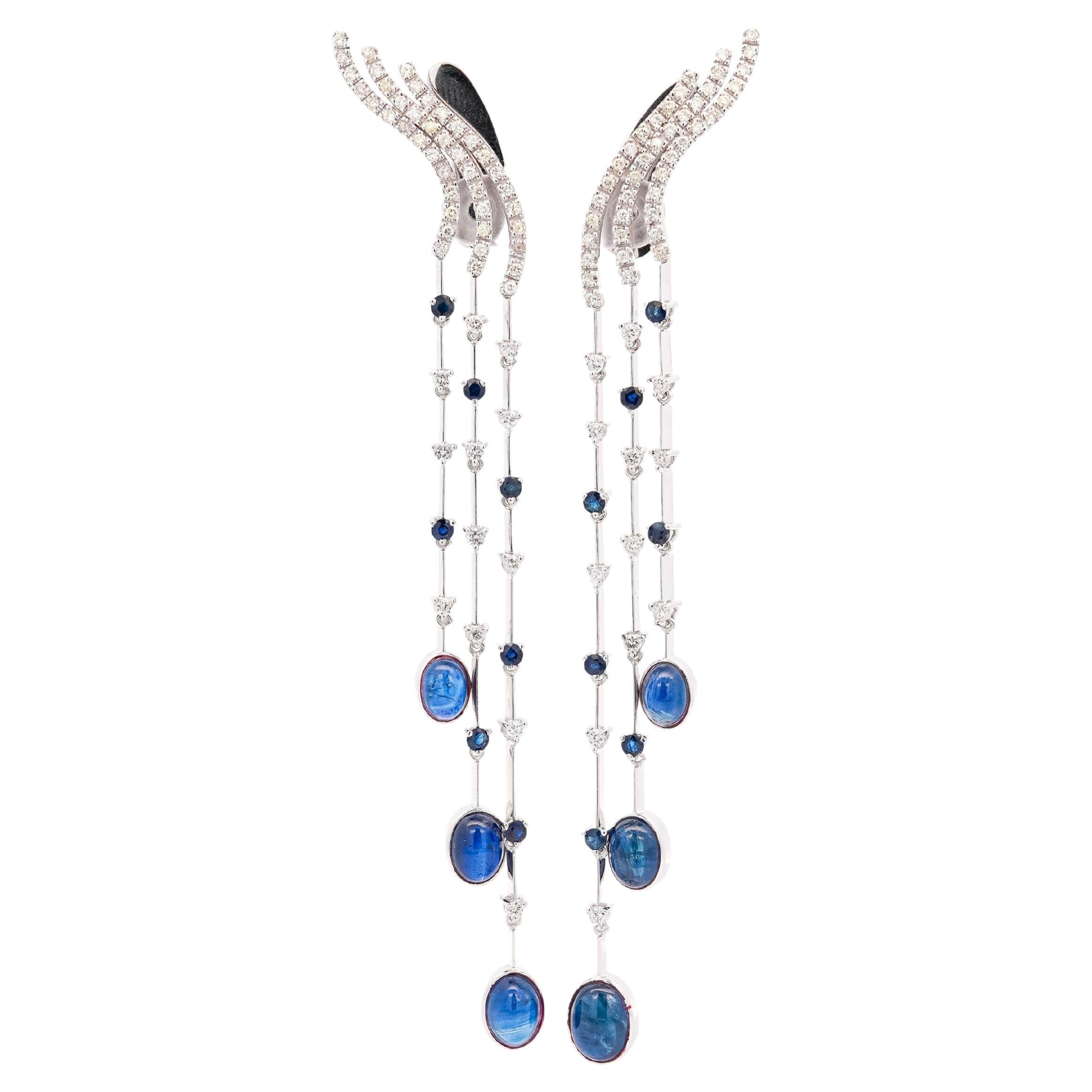 10 Carat Blue Sapphire & Diamond Dangle Drop Ear Climb Chandelier Earrings For Sale