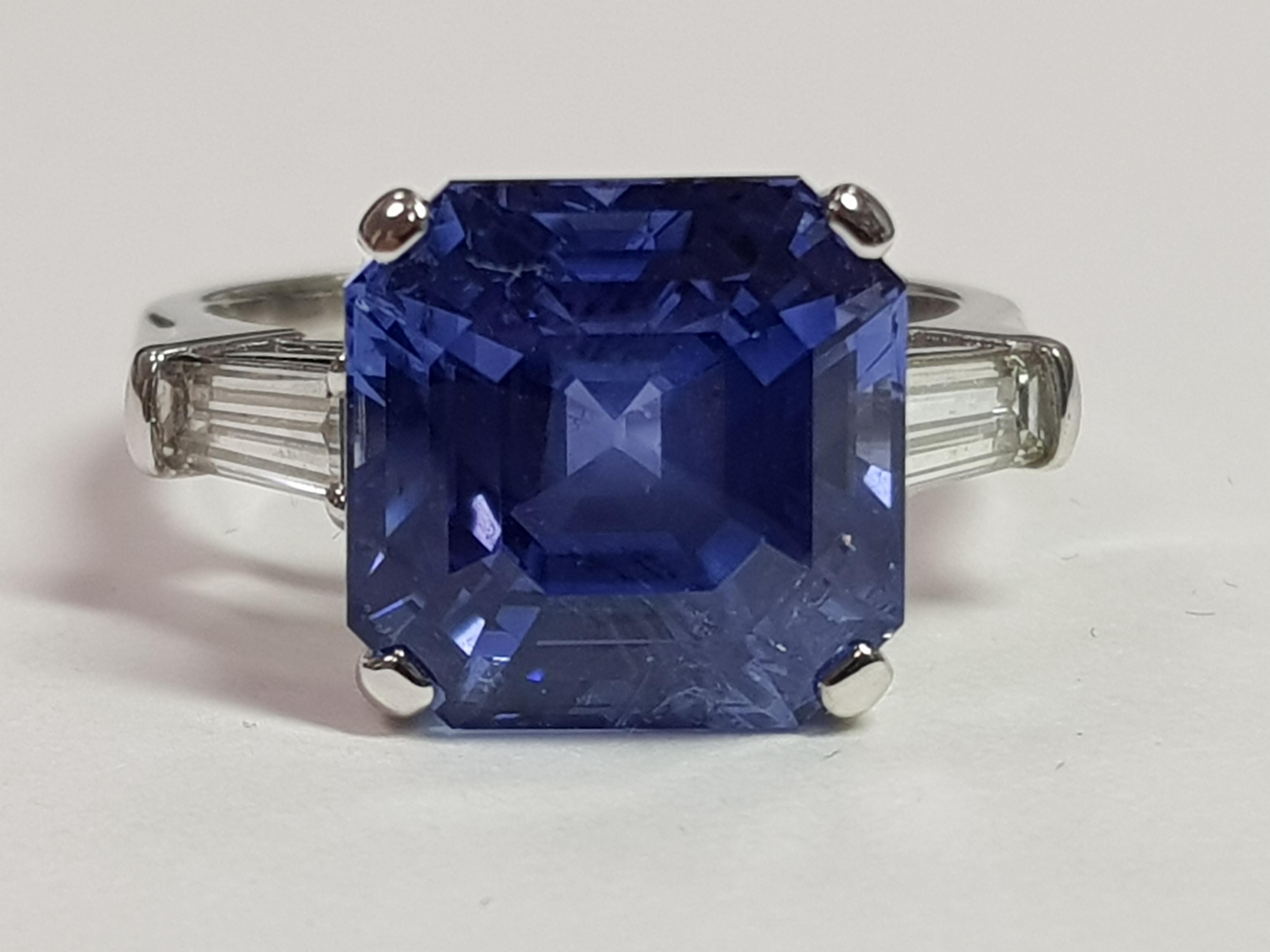 Octagon Cut 10 carat Blue Sapphire & Diamond Ring For Sale