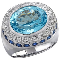 10 Carat Blue Topaz, Diamond and Sapphire Cocktail Ring