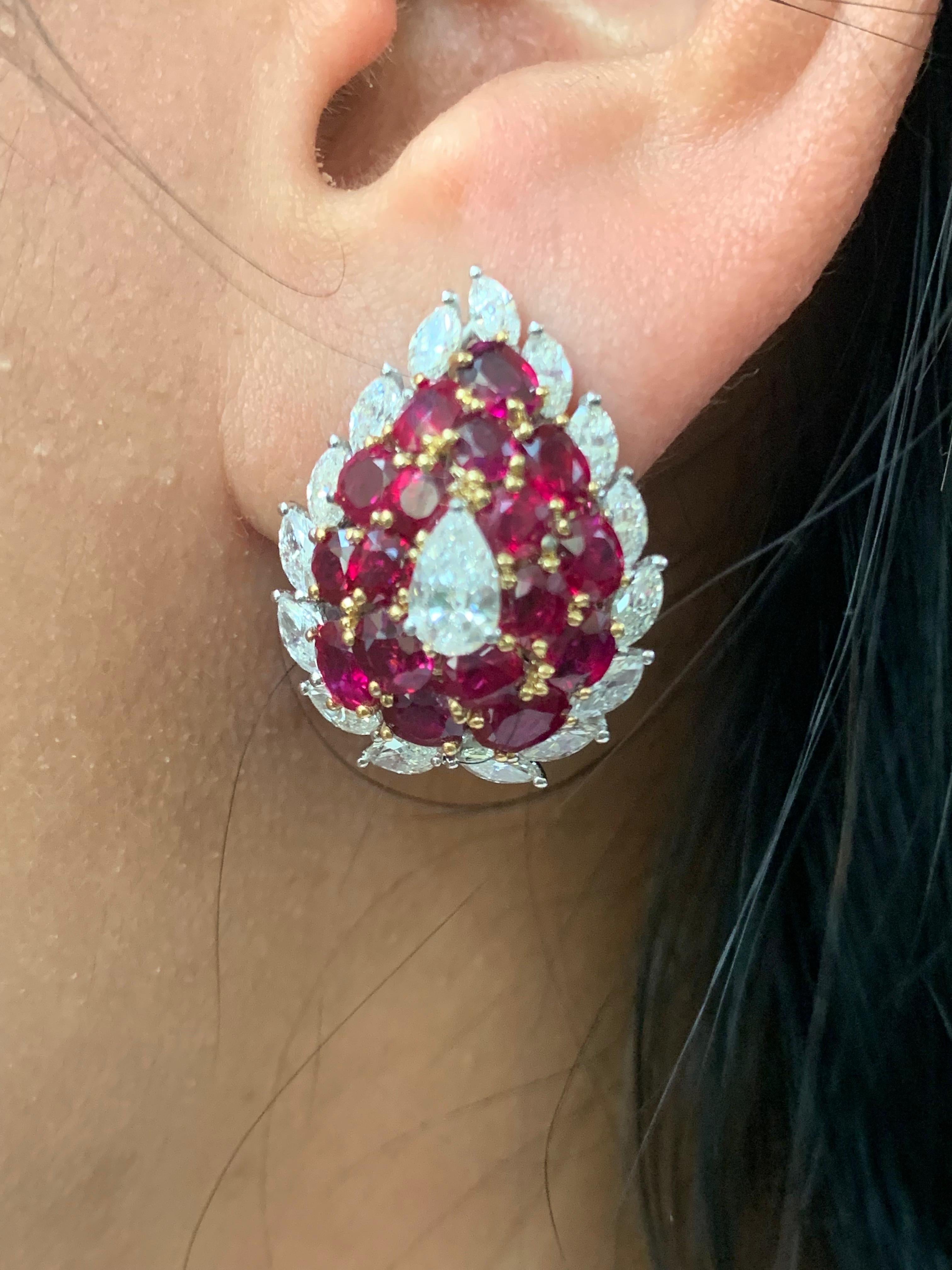 Women's or Men's 10 Carat Burma No Heat Ruby and Diamond Earrings in 18 Karat White Gold For Sale