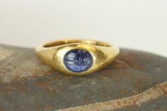 1.0 Carat Cabochon Blue Sapphire Hand-Carved Scarab 22K Yellow Gold Gypsy Ring