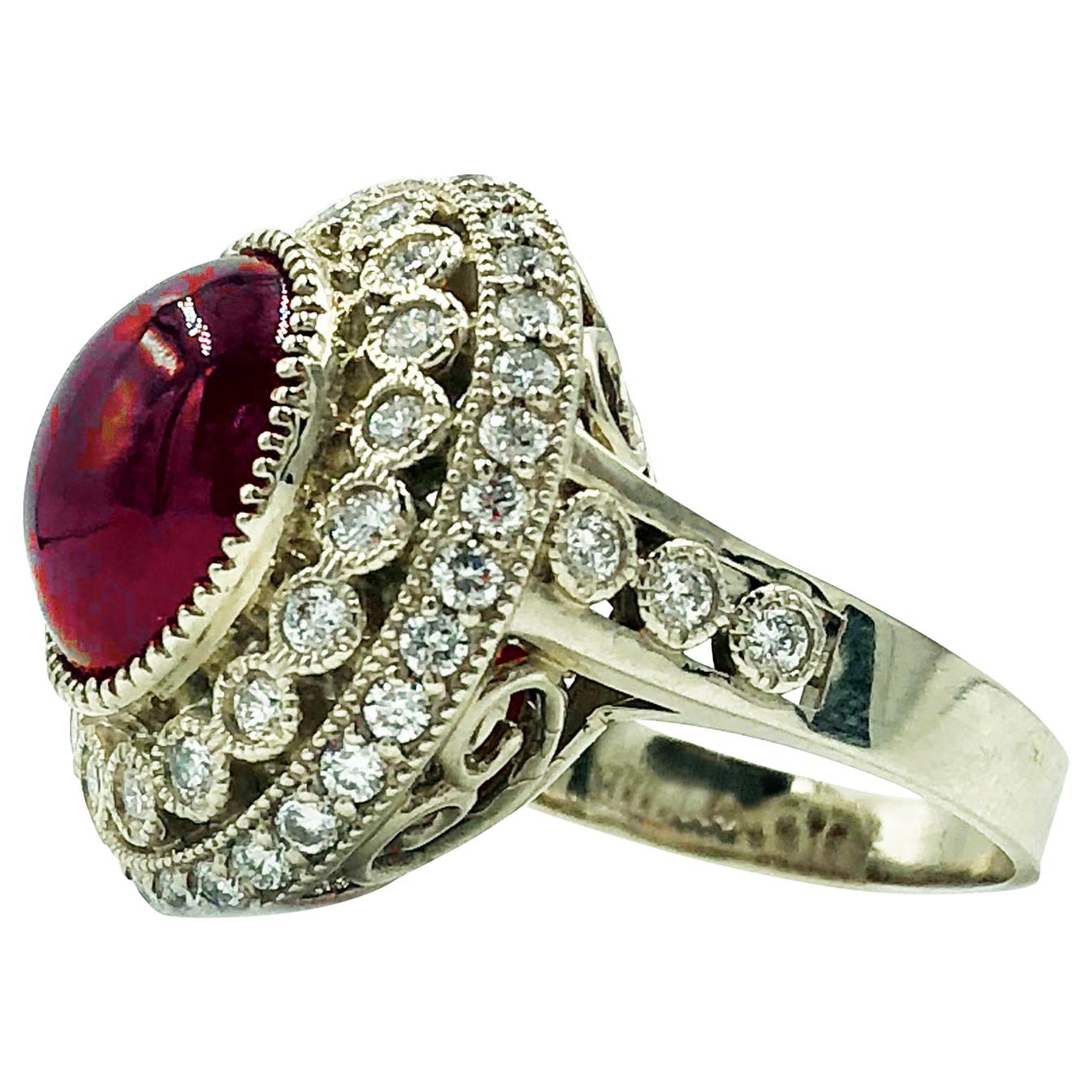 AIGL Certified 10 Carat Cabochon Ruby Ring With 1.25 Carats Of Diamonds 14K Gold