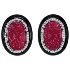 10 Carat Carved Ruby Onyx and Diamond Vintage Earring