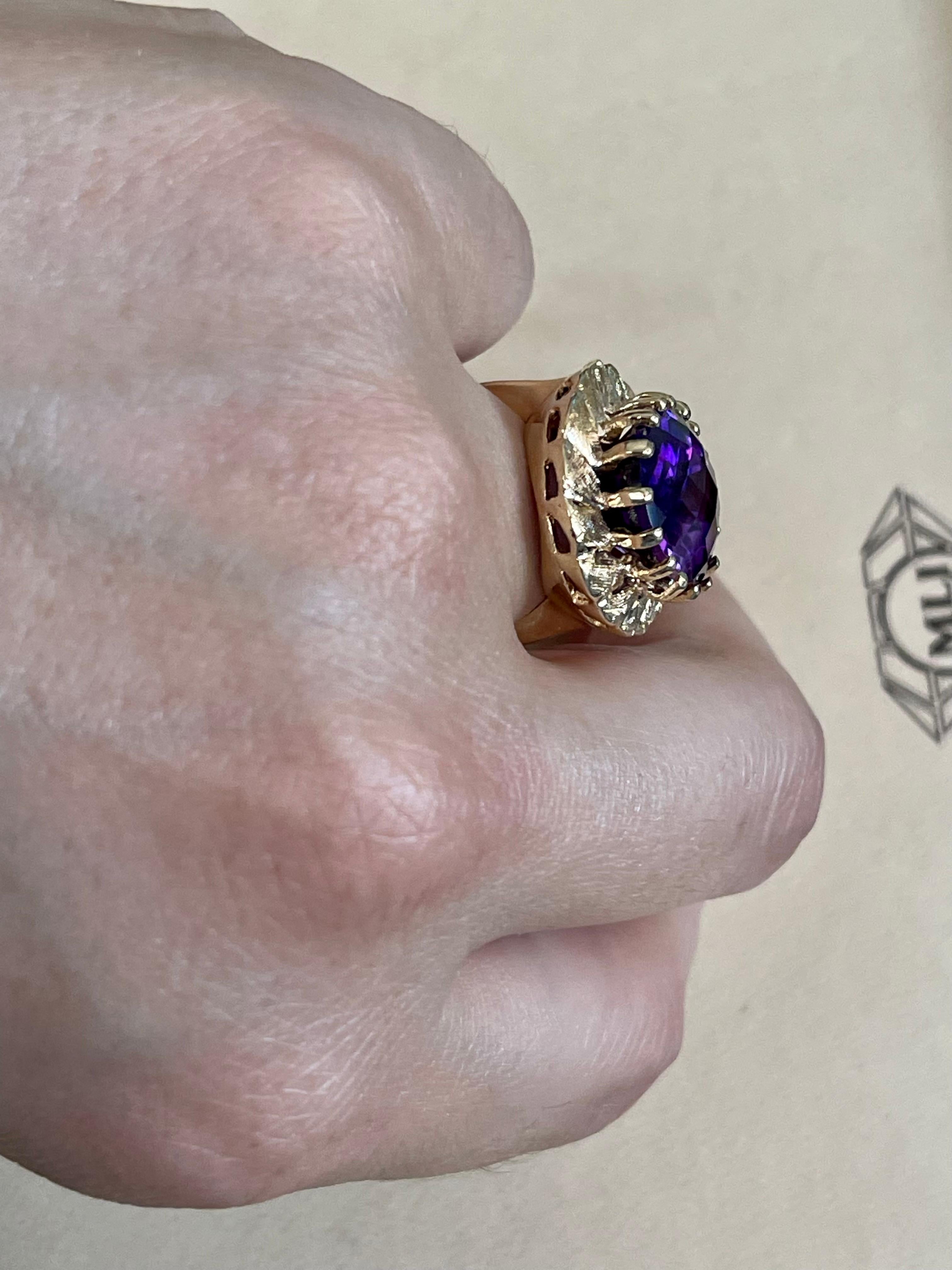 10 Carat Checker Board Amethyst Cocktail Ring in 14 Karat Yellow Gold For Sale 5