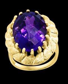 10 Carat Checker Board Amethyst Cocktail Ring in 14 Karat Yellow Gold