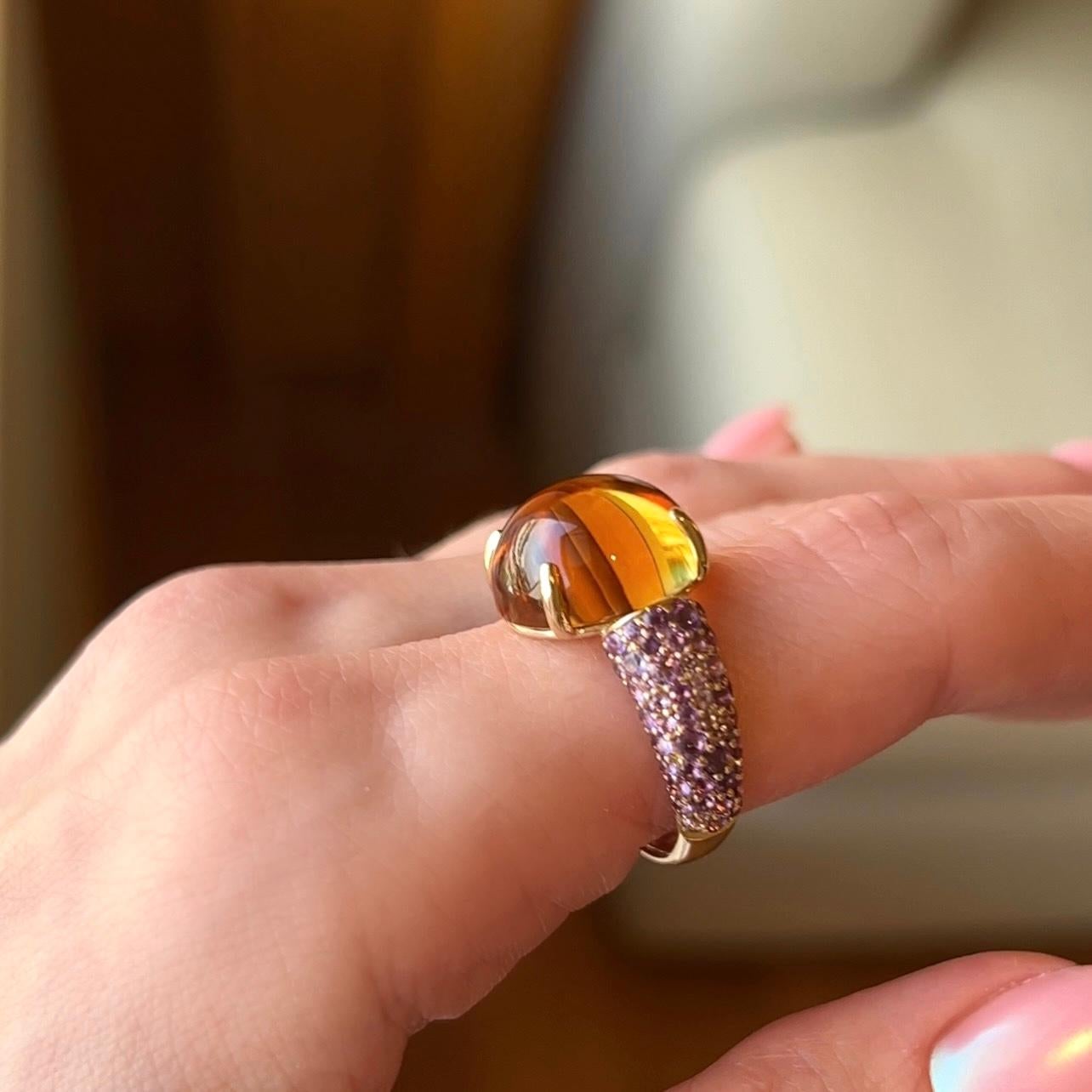 Modern 10 Carat Citrine Amethyst Cabochon 18 Karat Yellow Gold Ring by D&A For Sale