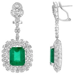 10 Carat Colombian Emerald Cut Emerald Diamond  Hanging /Drop Earrings 18Kt Gold