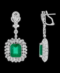 10 Carat Colombian Emerald Cut Emerald Diamond  Hanging /Drop Earrings 18Kt Gold