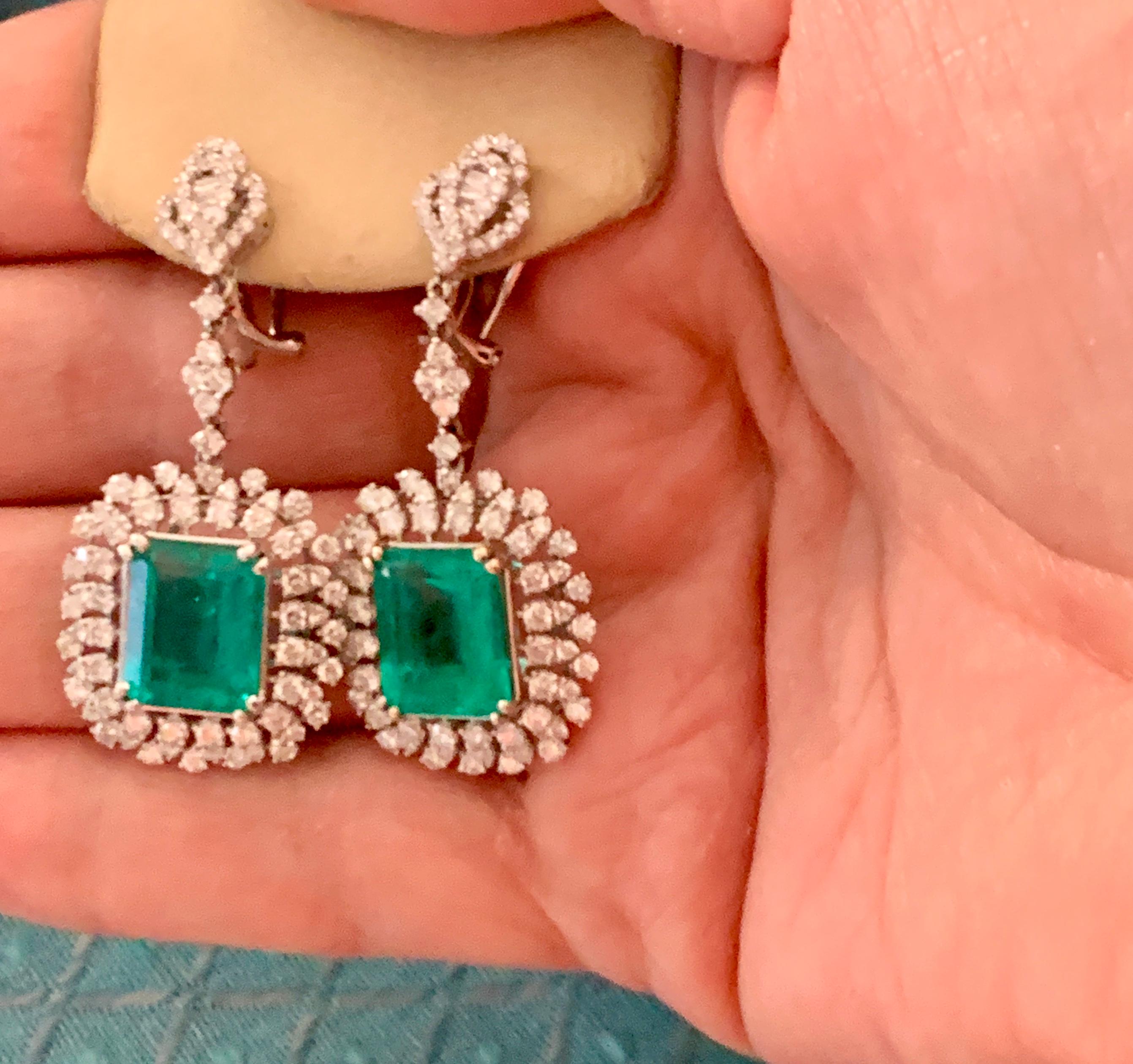 10 Carat Colombian Emerald Cut Emerald Diamond  Hanging /Drop Earrings 18Kt Gold 1