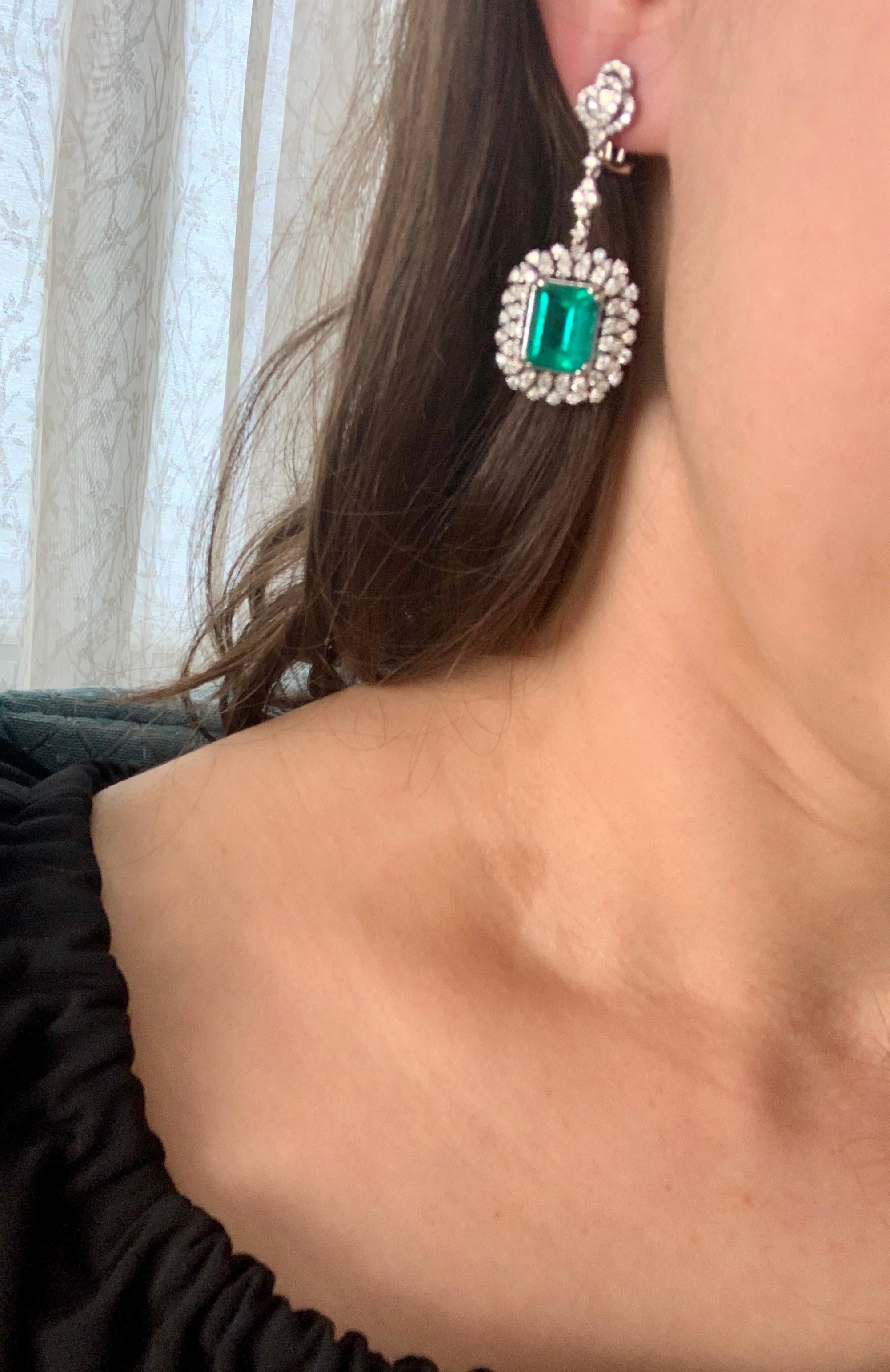 10 Carat Colombian Emerald Cut Emerald Diamond  Hanging /Drop Earrings 18Kt Gold 2