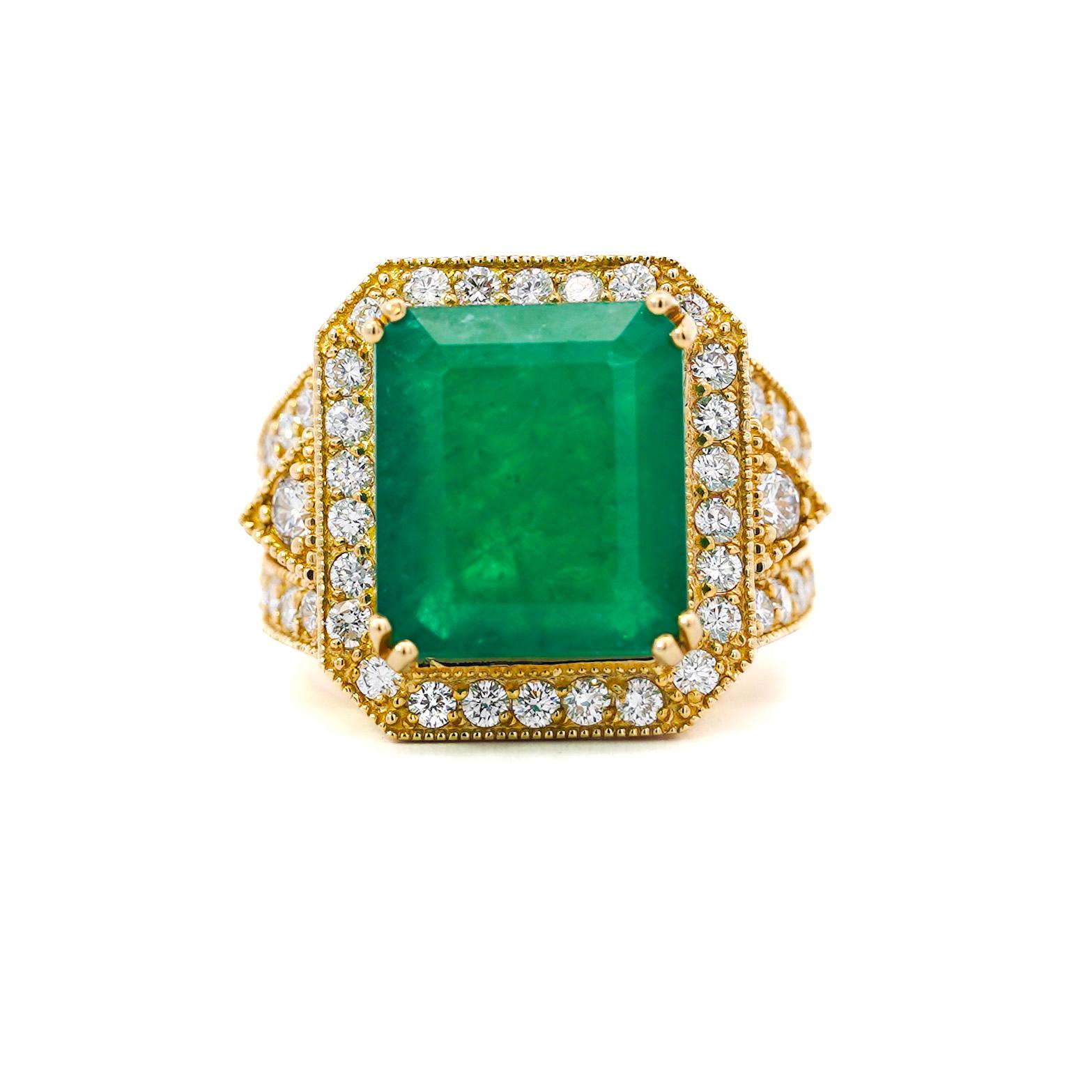 10 Karat Smaragdschliff kolumbianischen Smaragd & Runde Brillant E-F/VS Diamant Vintage Retro-Stil Halo und 18K Gelbgold Aussage Ring. 

Einzelheiten:
Artikel Typ: Statement-Ring
Metall: 18K Gelbgold
Größe: 7 (einstellbar)
Gewicht: 12.2