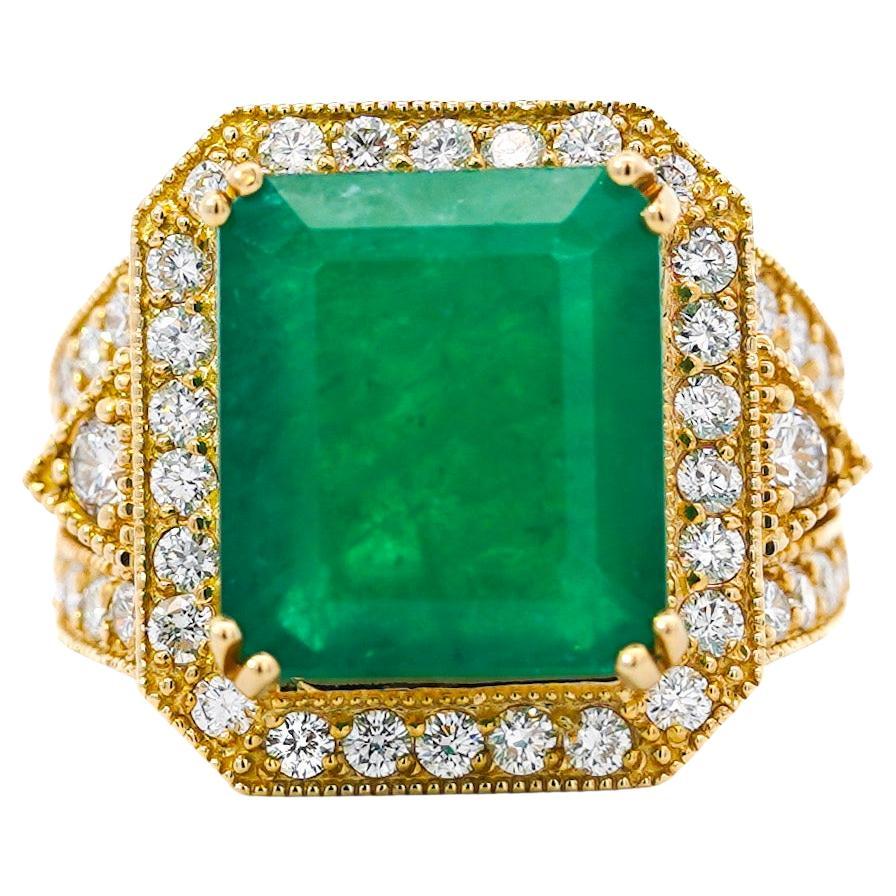 10 Carat Colombian Emerald & Diamond Halo Split Shank in 18K Gold Statement Ring