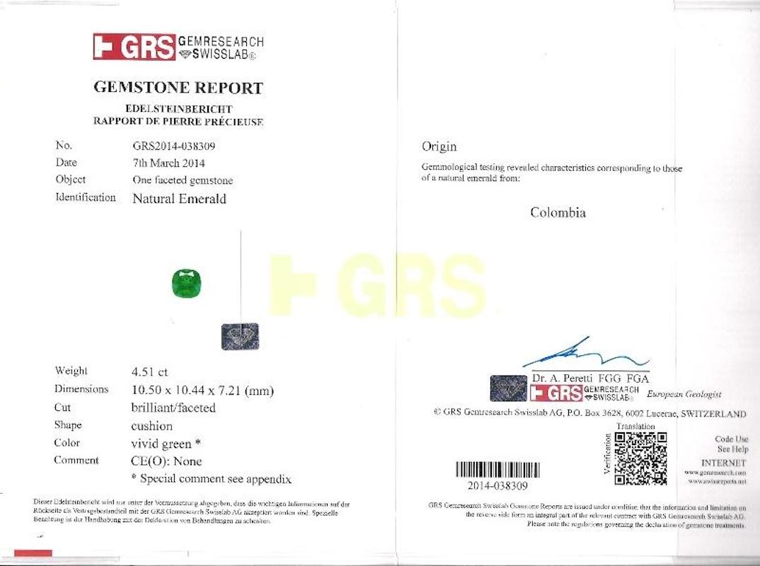 10 Karat kolumbianischer Smaragd GRS-zertifizierte Ohrringe mit kleinerem Öl-Diamant im Kissenschliff im Angebot 5