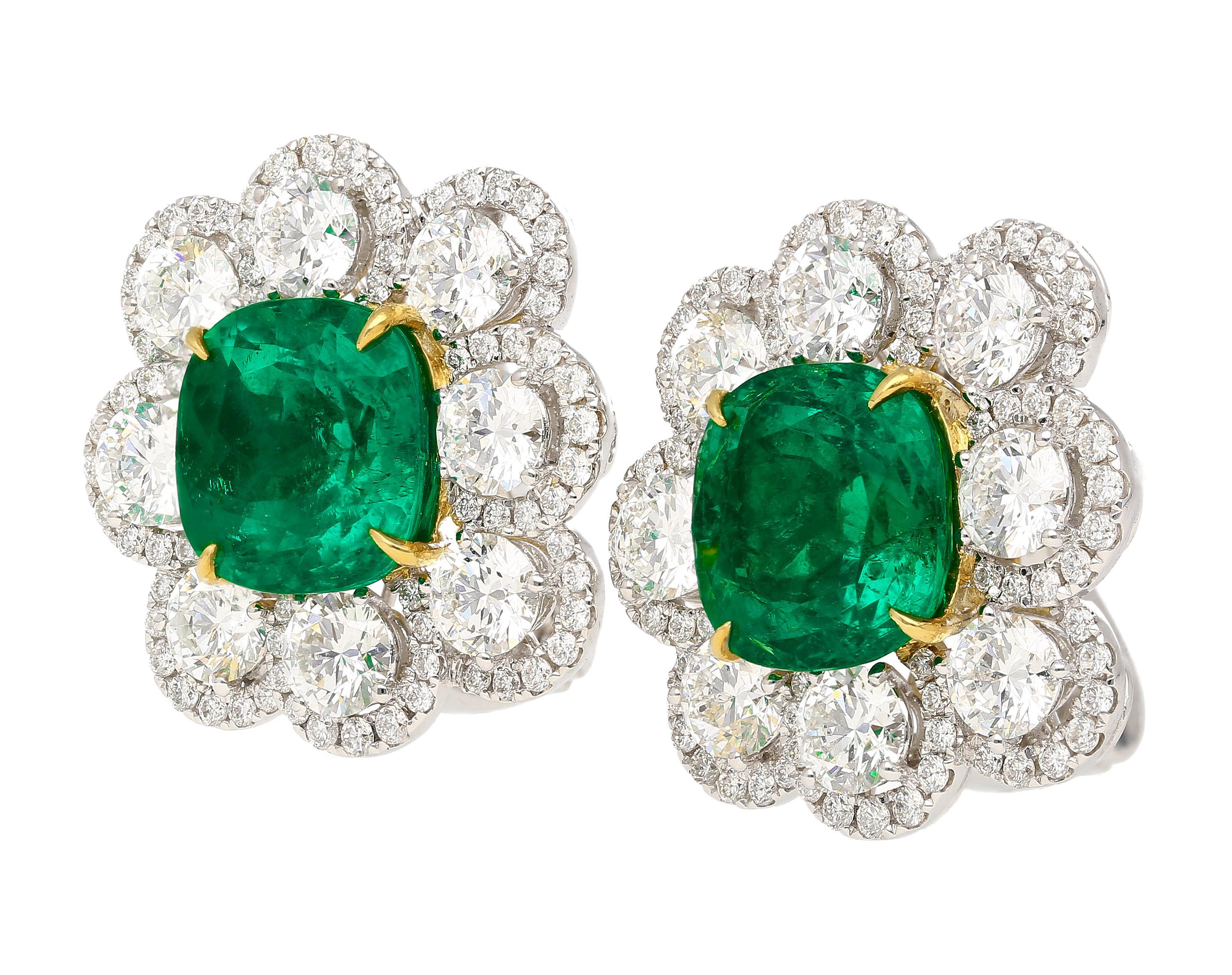 Modern 10 Carat Colombian Emerald GRS Certified Cushion Cut Minor Oil Diamond Earrings For Sale