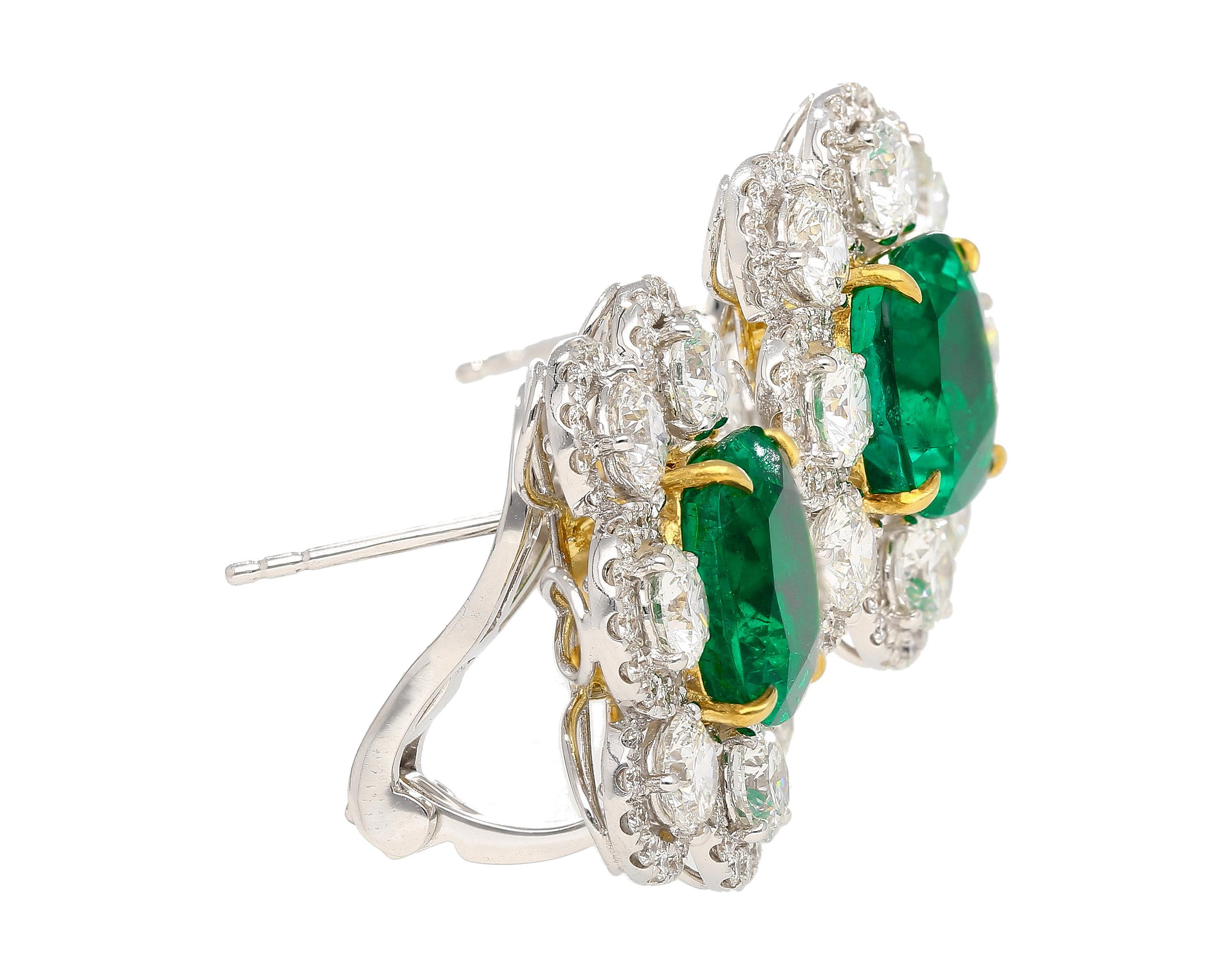 10 Carat Colombian Emerald GRS Certified Cushion Cut Minor Oil Diamond Earrings In New Condition For Sale In Miami, FL