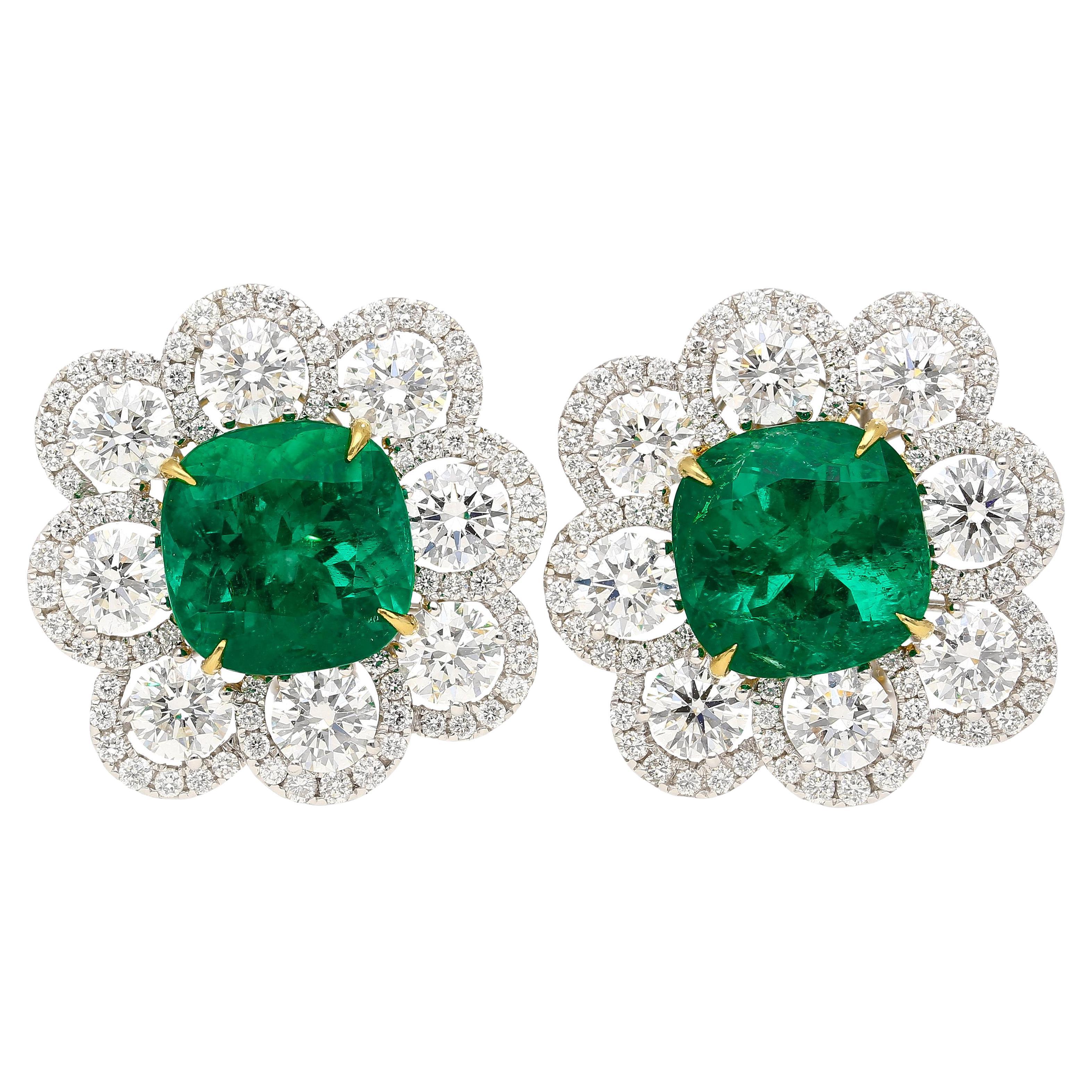 10 Carat Colombian Emerald GRS Certified Cushion Cut Minor Oil Diamond Earrings For Sale