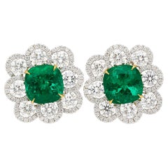 10 Carat Colombian Emerald GRS Certified Cushion Cut Minor Oil Diamond Earrings