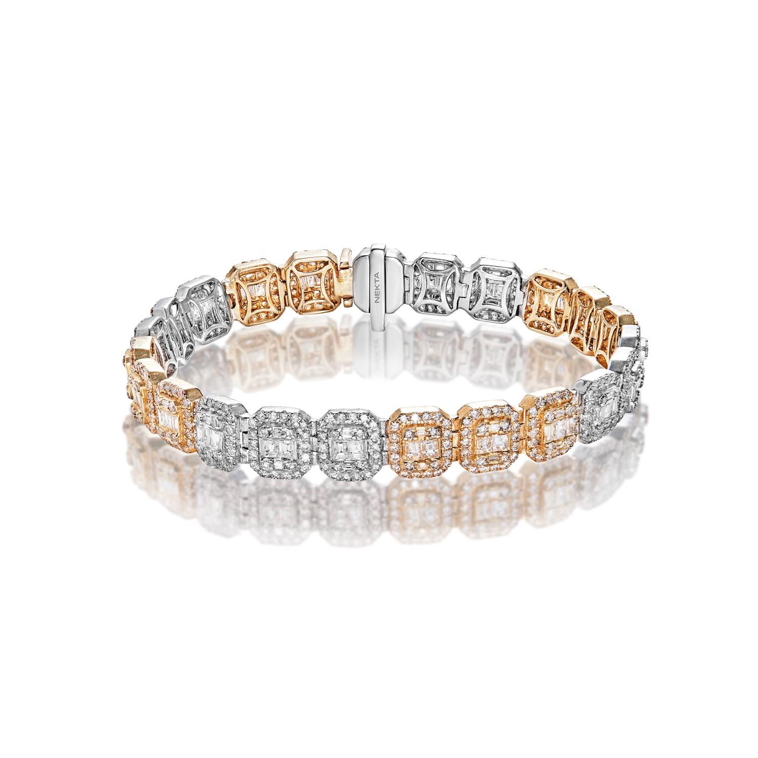 The Theodore Men’s 10 Carat Diamond Link Bracelet features Combine Mix Shape DIAMONDS brilliants weighing a total of approximately 10.21 Carats, set in 14 Karat White and Yellow Gold .

Diamonds
Diamond Size: 10.21 Carats
Diamond Shape: Combine Mix