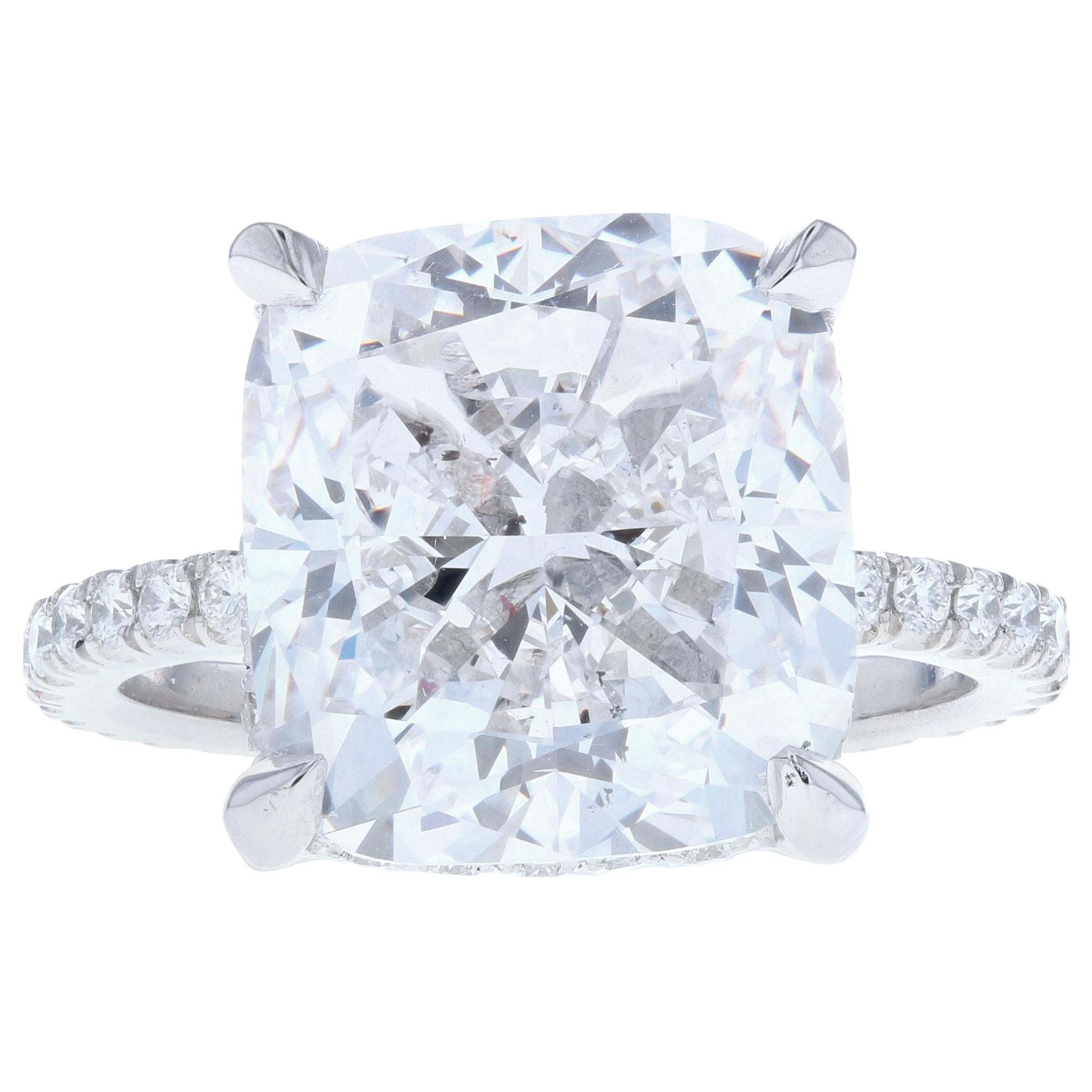 10 Carat Cushion Cut Diamond Engagement Ring with Diamond Pave and Hidden Halo For Sale