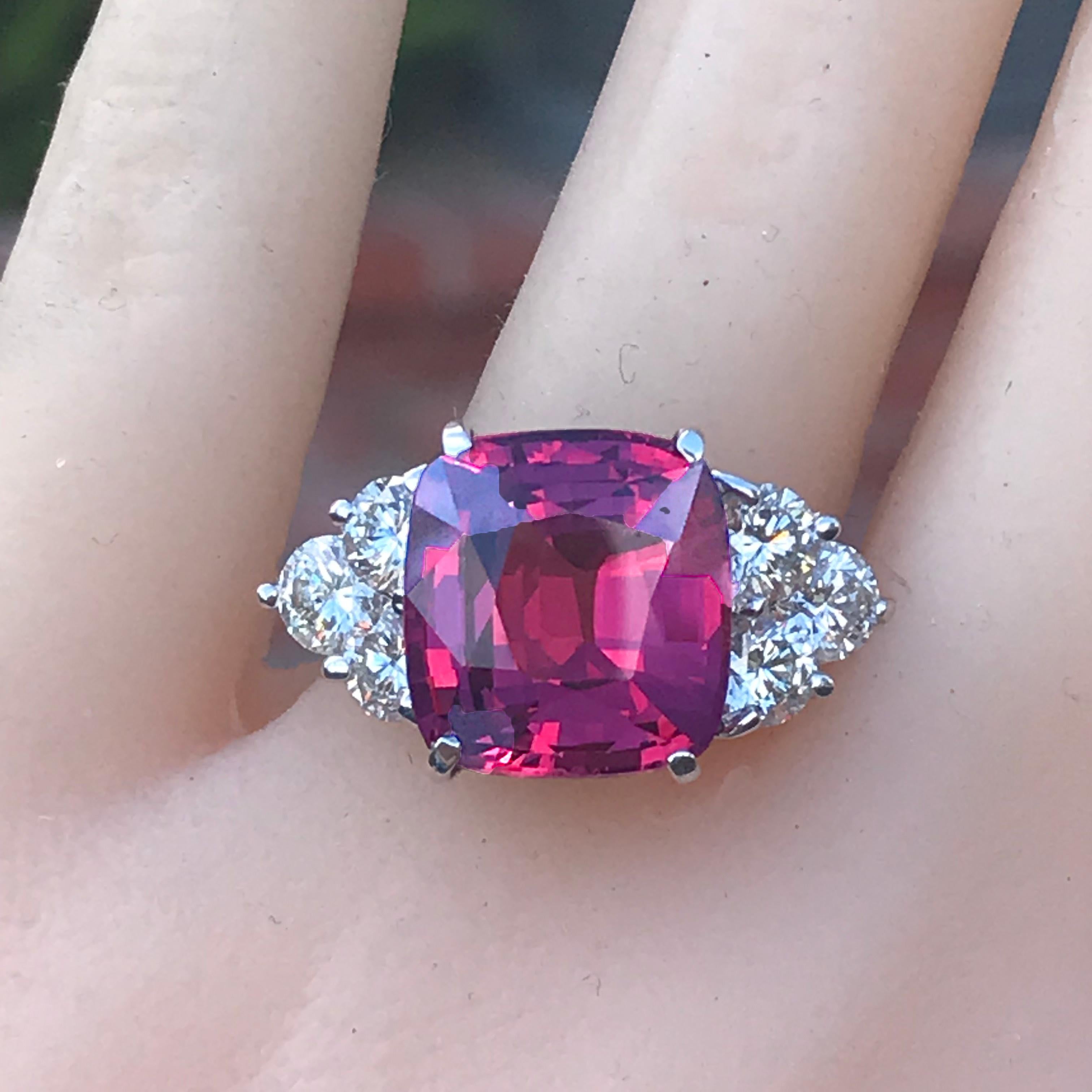 Selling a 10 CT+ TW Ct Cushion Natural Pink Spinel & Diamond Engagement Ring

1. Carat Weight: 8.2+ Carat Spinel

2. Color: Pink

3. Tone:  Medium - Nice, 8.0 Out of 10

4. Hue: Intense Pink.

3. Clarity:  Excellent clarity, no inclusions to the
